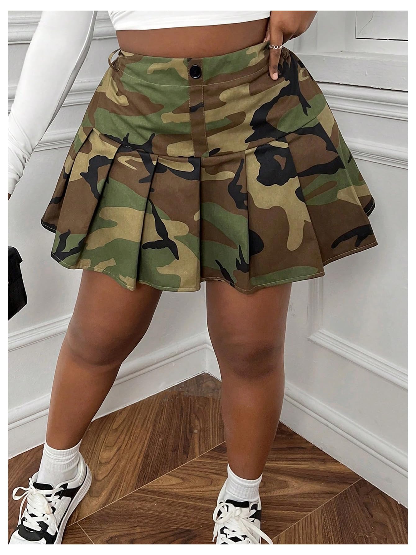 SOLY HUX Women's Plus Size Skirt Camo Print High Waisted Pleated A Line Fall Fashion Short Skirts
