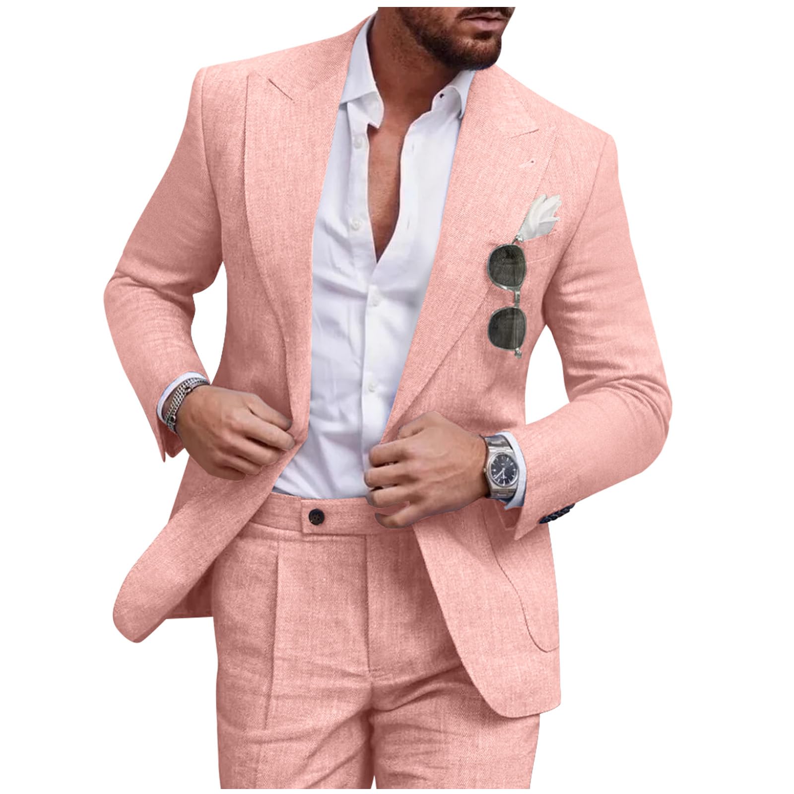 Diaryan Linen Men Suit Set Casual Tuxedo 2 Piece Regular Fit Blazer One Button Solid Jacket and Pants for Prom Wedding Party