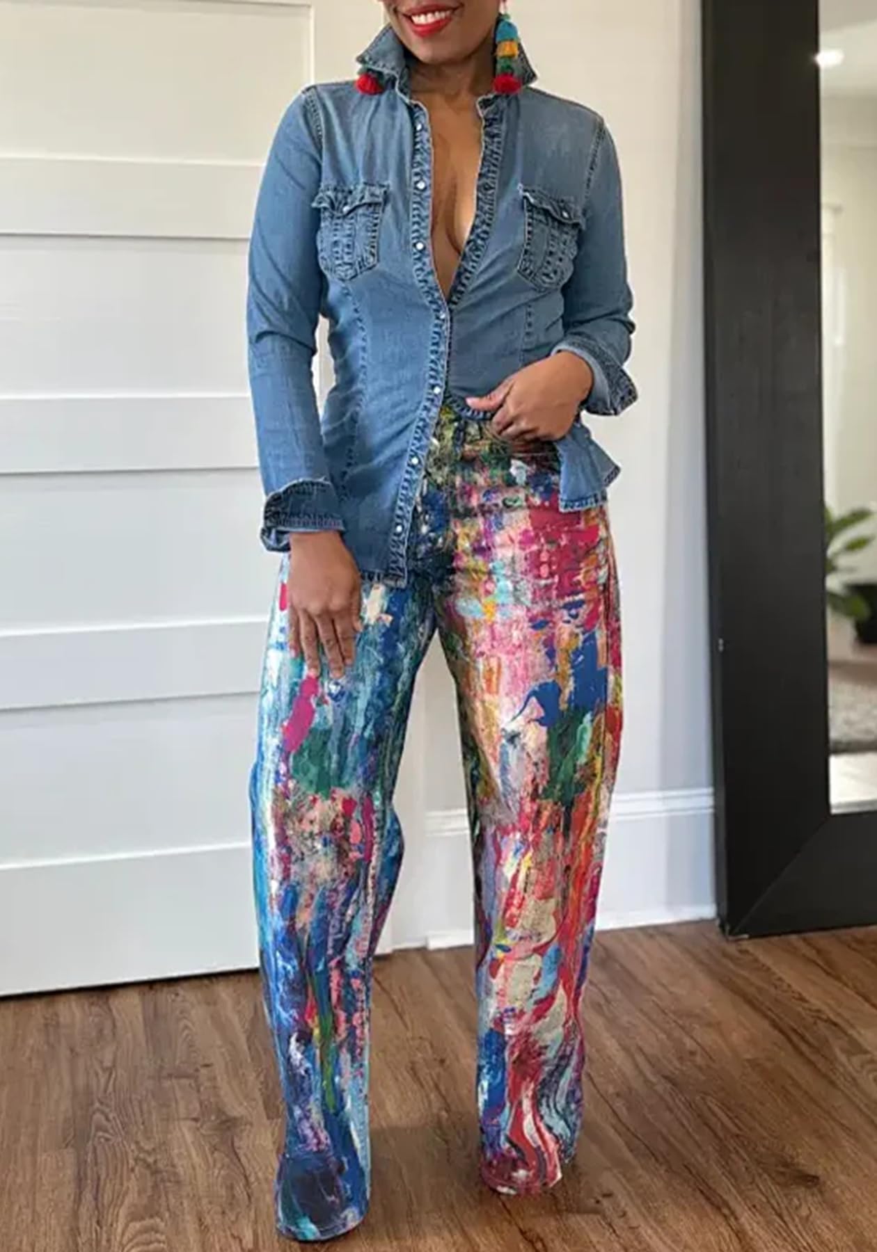 NRTHYE Womens Summer Colorful Graffiti Baggy Jeans Casual High Waist Wide Leg Streetwear Denim Cargo Print Pant Trousers