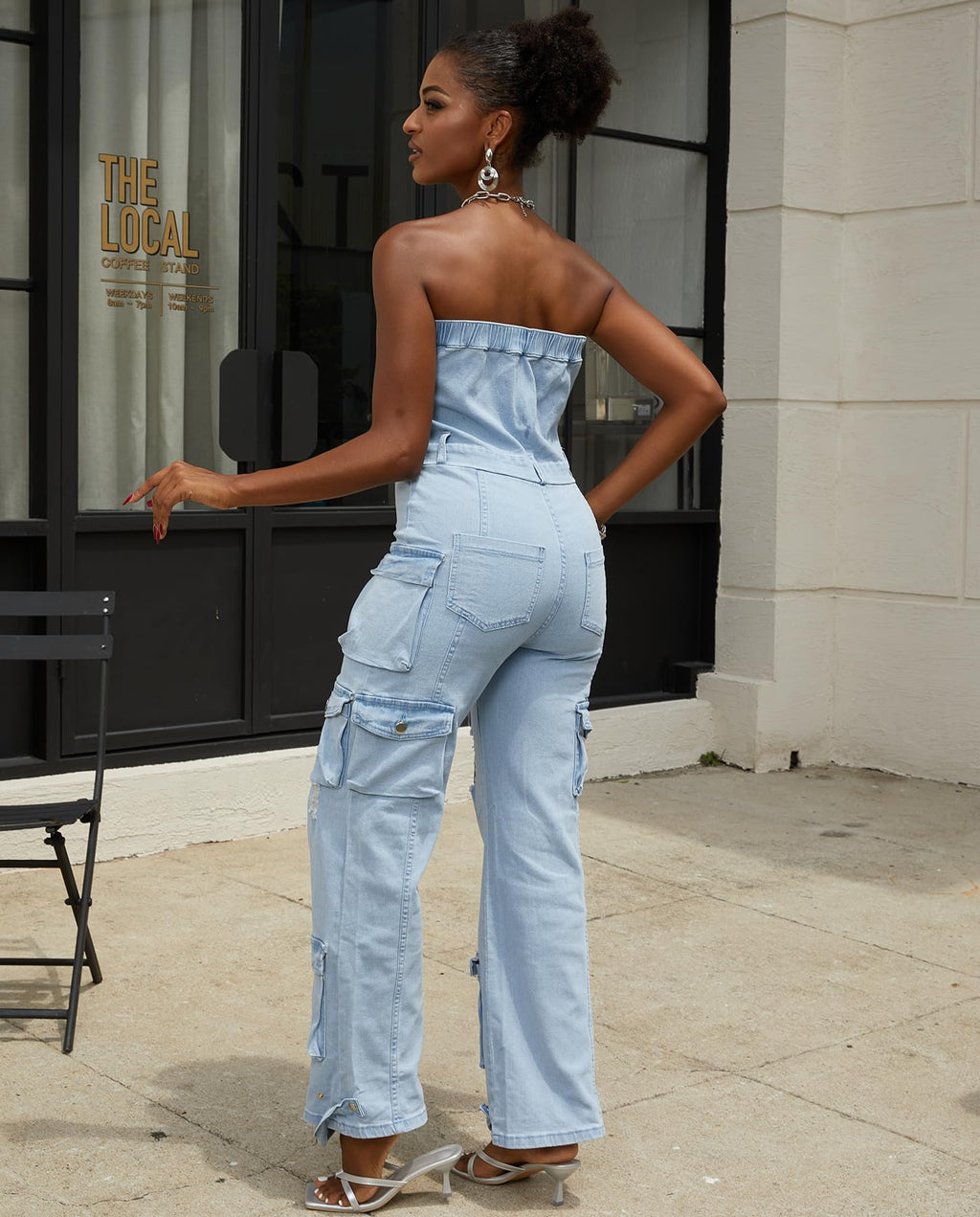 Voghtic Women's Strapless Denim Cargo Jumpsuit High Waisted Multiple Pocket Casual Outfit