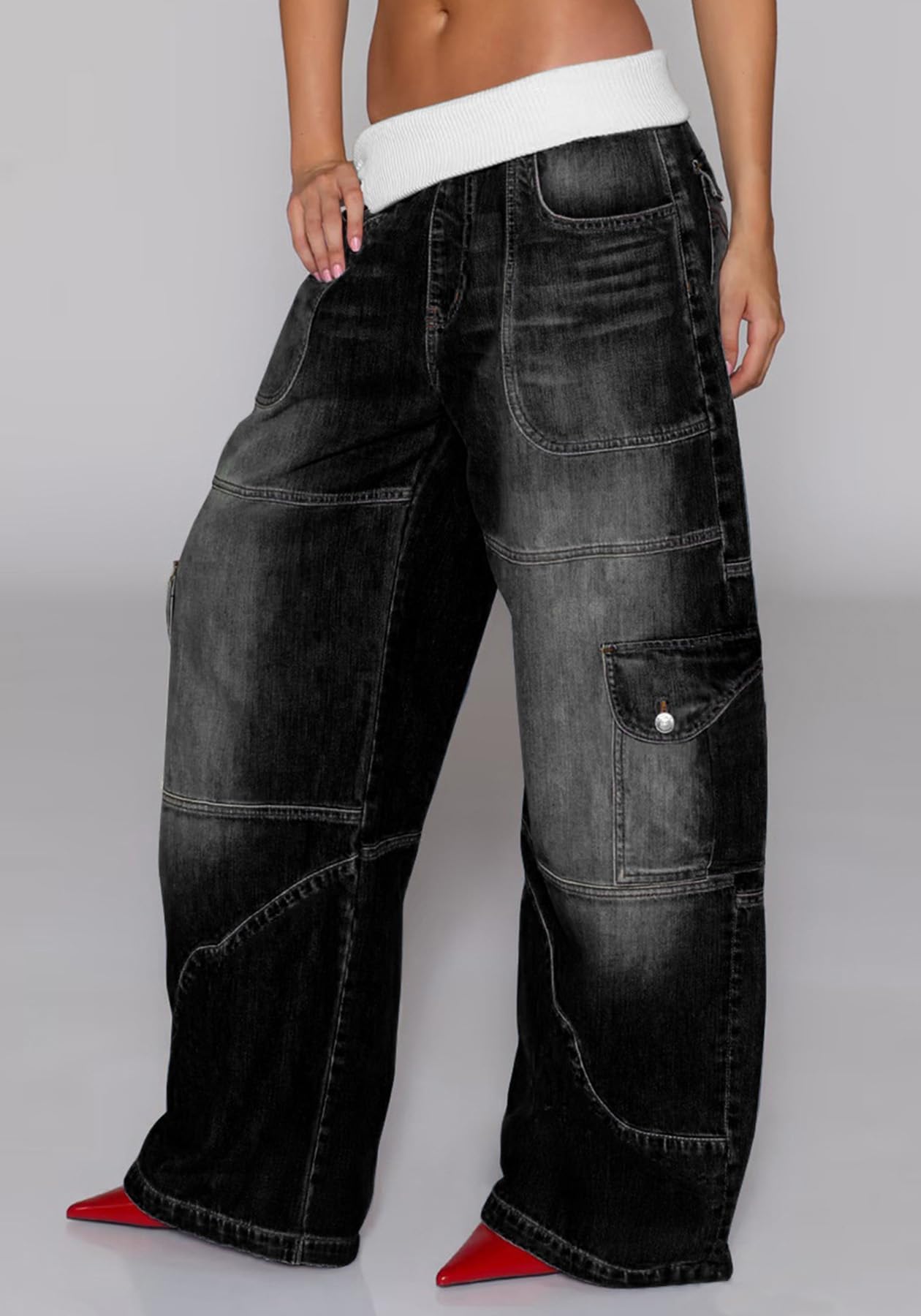 Unybwonn Women Baggy Cargo Jeans High Waist Patchwork Trendy Vintage Denim Pants Wide Leg Distressed Jeans with Pockets