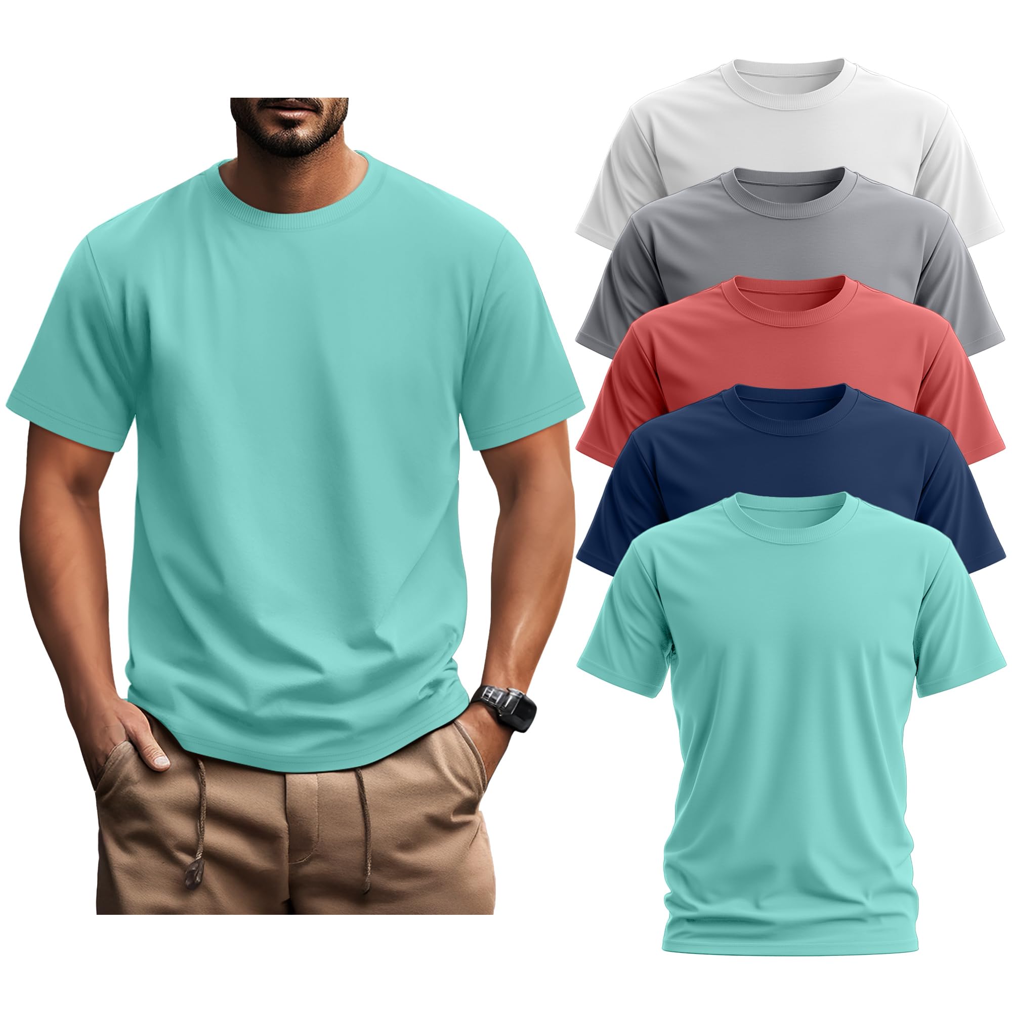 Ficerd 5 Pack Men's Big and Tall Shirts Short Sleeve Cotton Tee Summer Crew Neck Oversize Top Loose Fit Shirt Multipack
