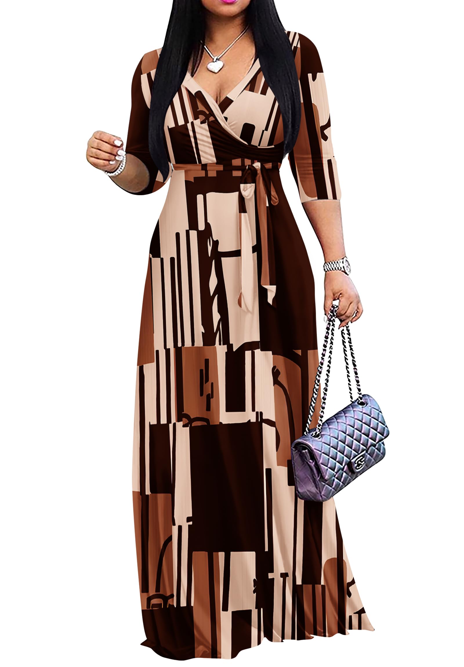 FANDEE Plus Size Maxi Dress for Women Casual Summer Sundress V-Neck 3/4 Sleeve