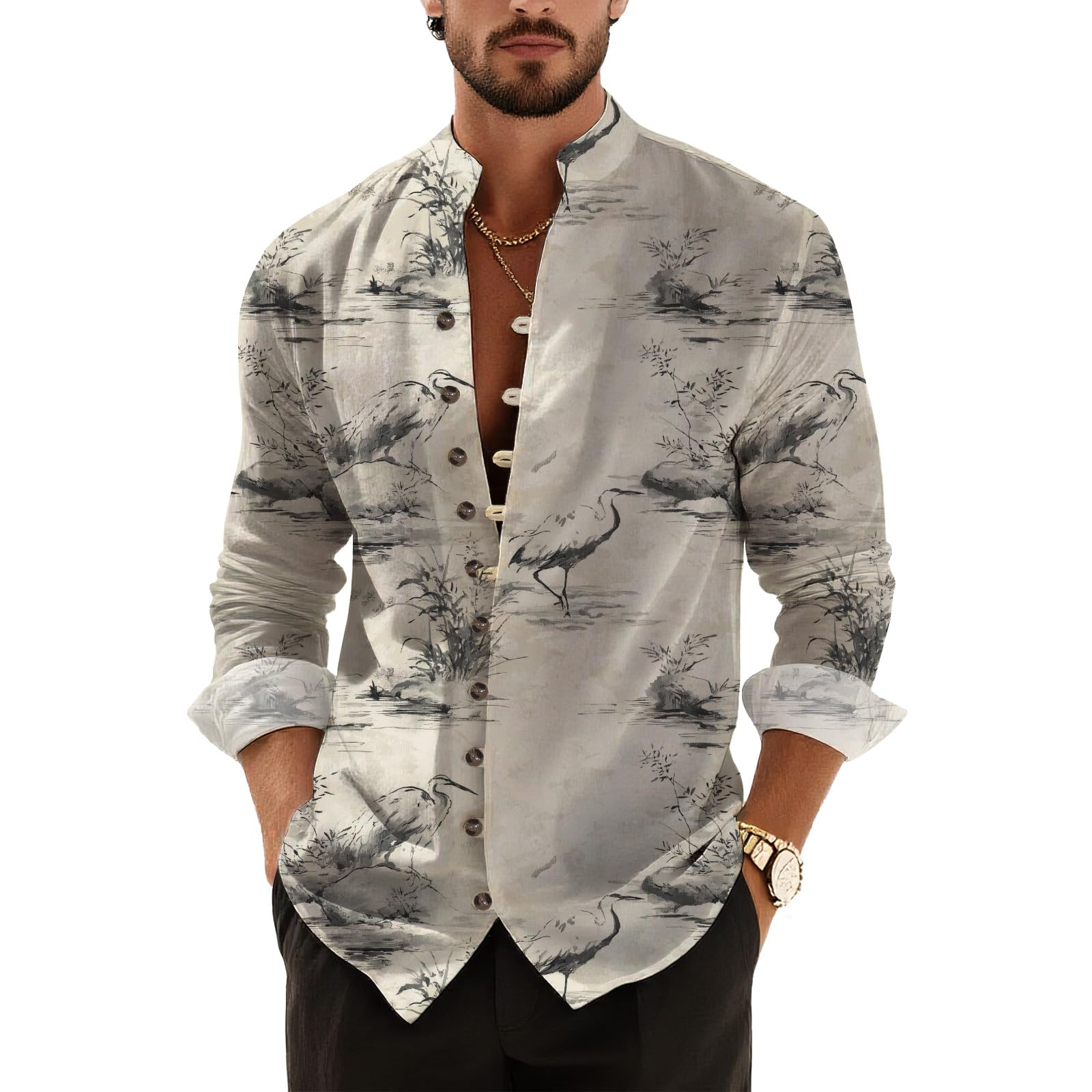 DMOYALA Men’s Hawaiian Button Down Shirts 2025 Fall Casual Long Sleeve Shirts Baggy Henley Neck Beach Vacation Outfits