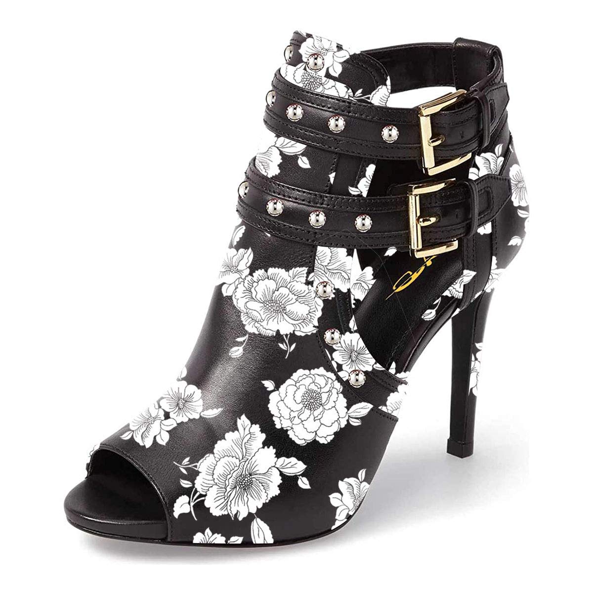 XYD Women Chic Studs Peep Toe Ankle Bootie High Heel Pumps Buckled Double Straps Cutout Fashion Party Shoes