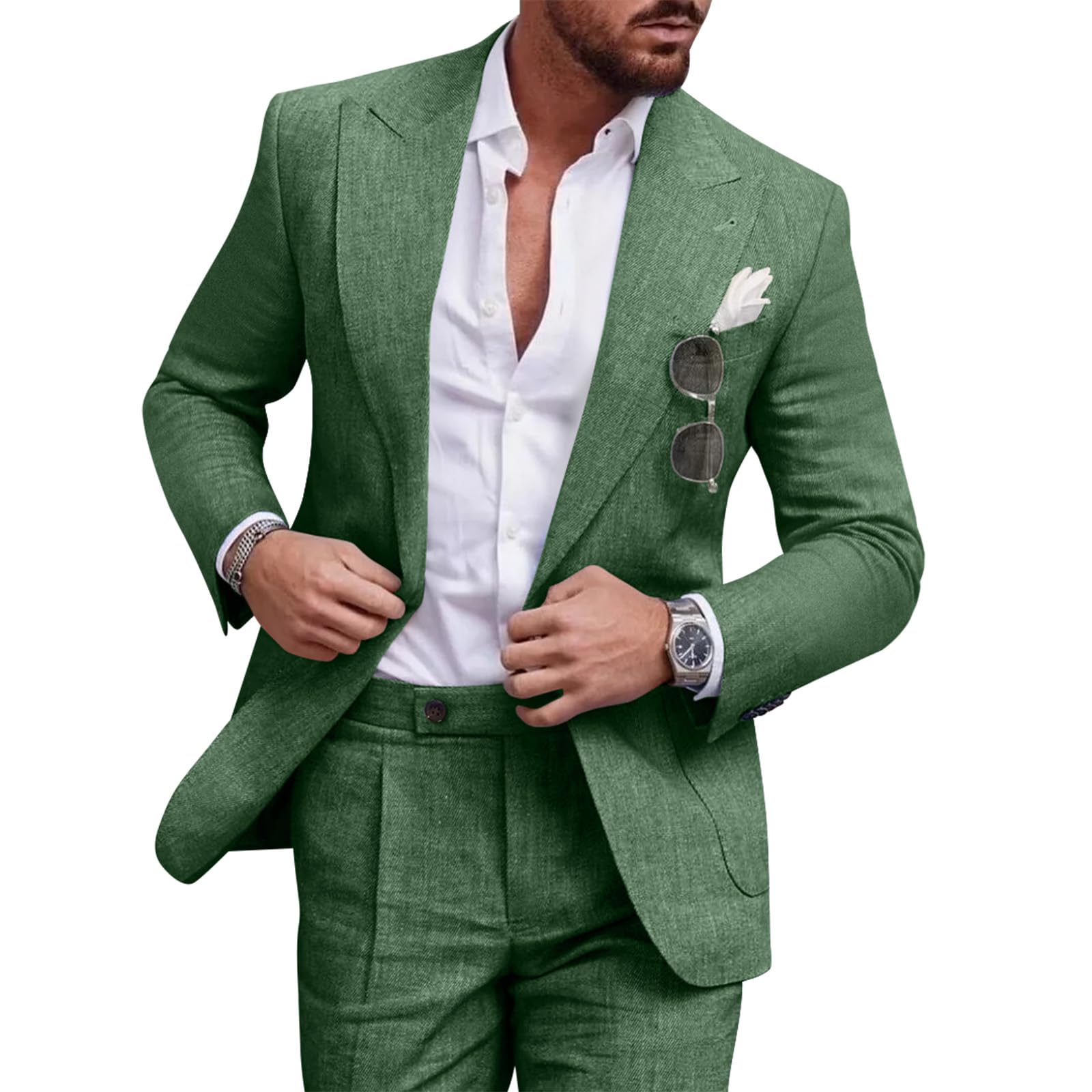 Diaryan Linen Men Suit Set Casual Tuxedo 2 Piece Regular Fit Blazer One Button Solid Jacket and Pants for Prom Wedding Party