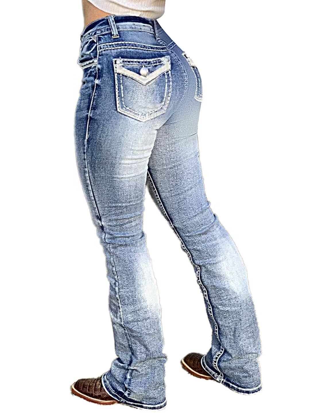 Flamingals Boot Cut Jeans for Women Trendy Stretch Jeans Butt Lifting Tummy Control Denim Pants Sea Blue 2XL