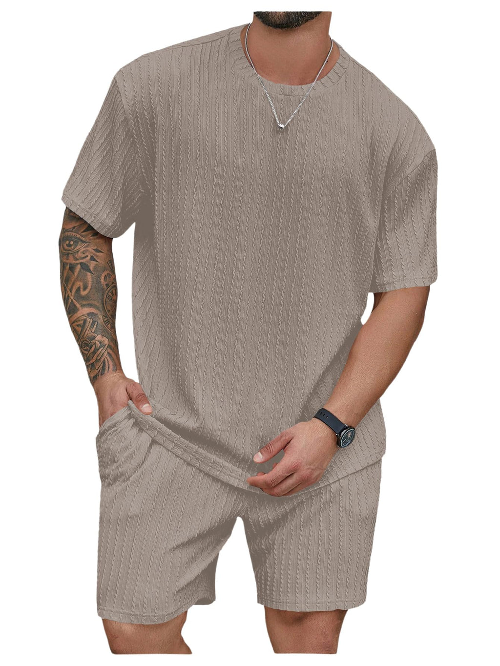 RoseSeek Men's Big and Tall 2 Piece Summer Outfits Textured Drop Shoulder T Shirt and Short Sets Tracksuit