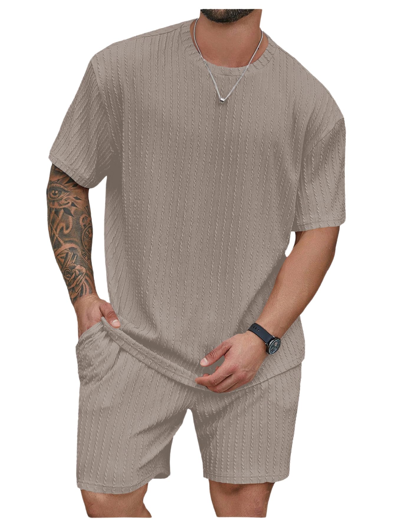 RoseSeek Men's Big and Tall 2 Piece Summer Outfits Textured Drop Shoulder T Shirt and Short Sets Tracksuit