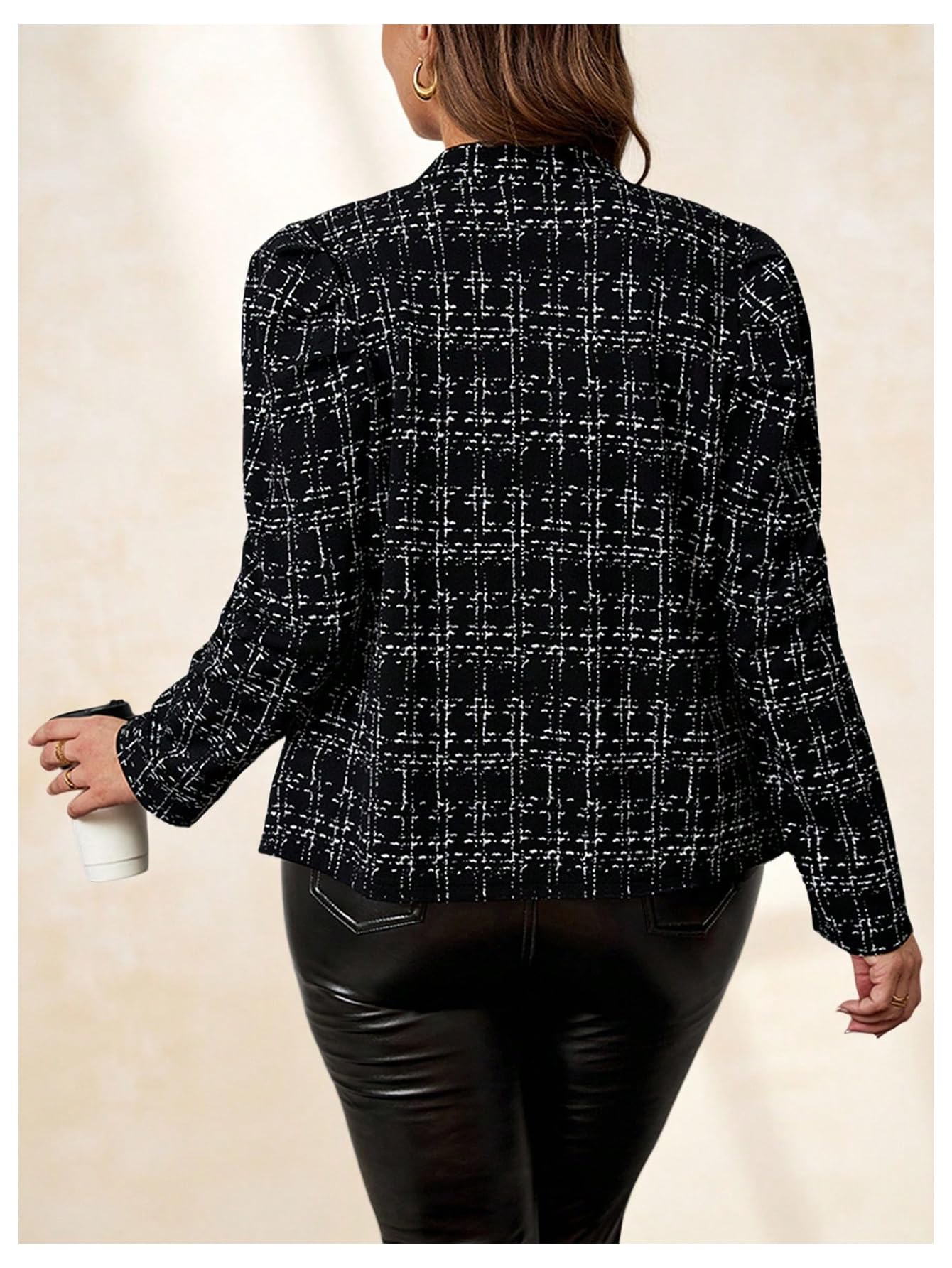 SweatyRocks Women's Plus Size Lightweight Jacket Open Front Long Sleeve Work Office Plaid Blazer