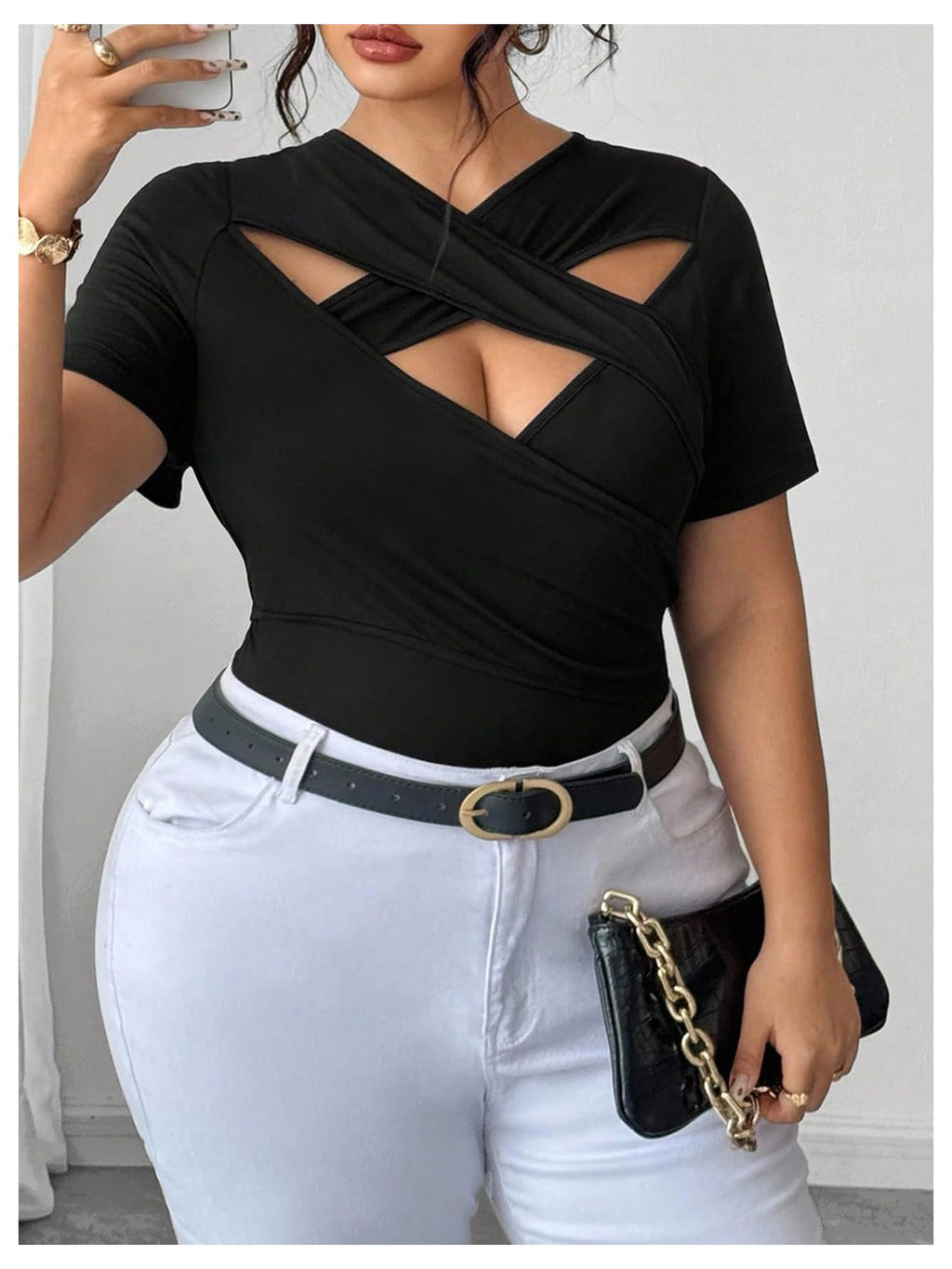 SweatyRocks Women's Plus Size Cut Out Fitted Wrap Tops Short Sleeve Criss Cross T Shirts