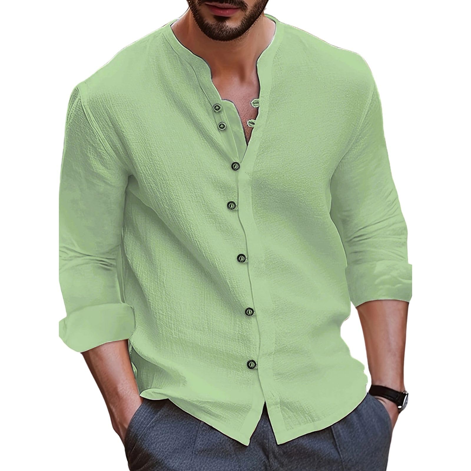 Long Sleeve Shirt Men Vintage Lightweight Plus Size Button Down Blouses Casual Workout Loose V-Neck Cotton Linen Tops