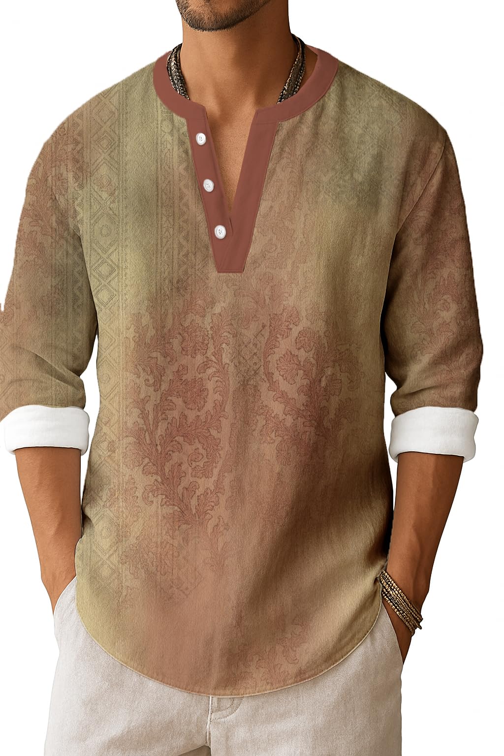 Mens Henley Shirts Summer Casual Button Banded Collar T Shirts Vintage Long Sleeve Cotton Linen Beach Pullover Tops