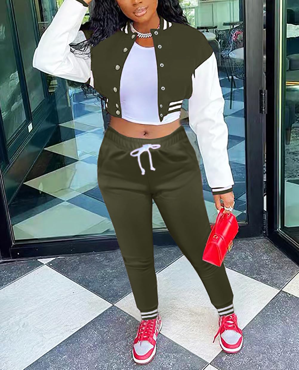 Fooullaide Women's Varsity Jacket Sweatsuit 2 Piece Tracksuit Crop Top Button Down Letterman Jackets Pants Sets