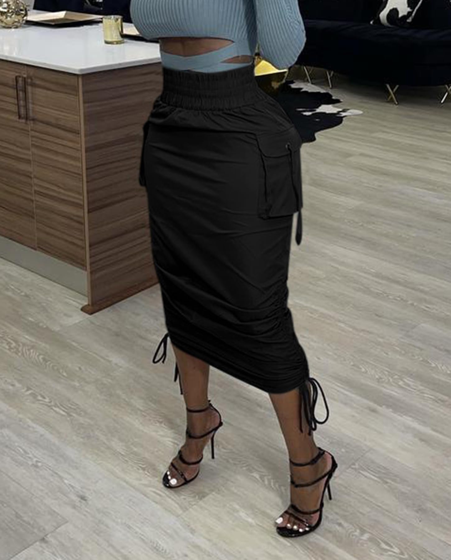 Voghtic Camo Skirts for Women High Waisted Ruched Drawstring Long Pencil Skirts with Pockets