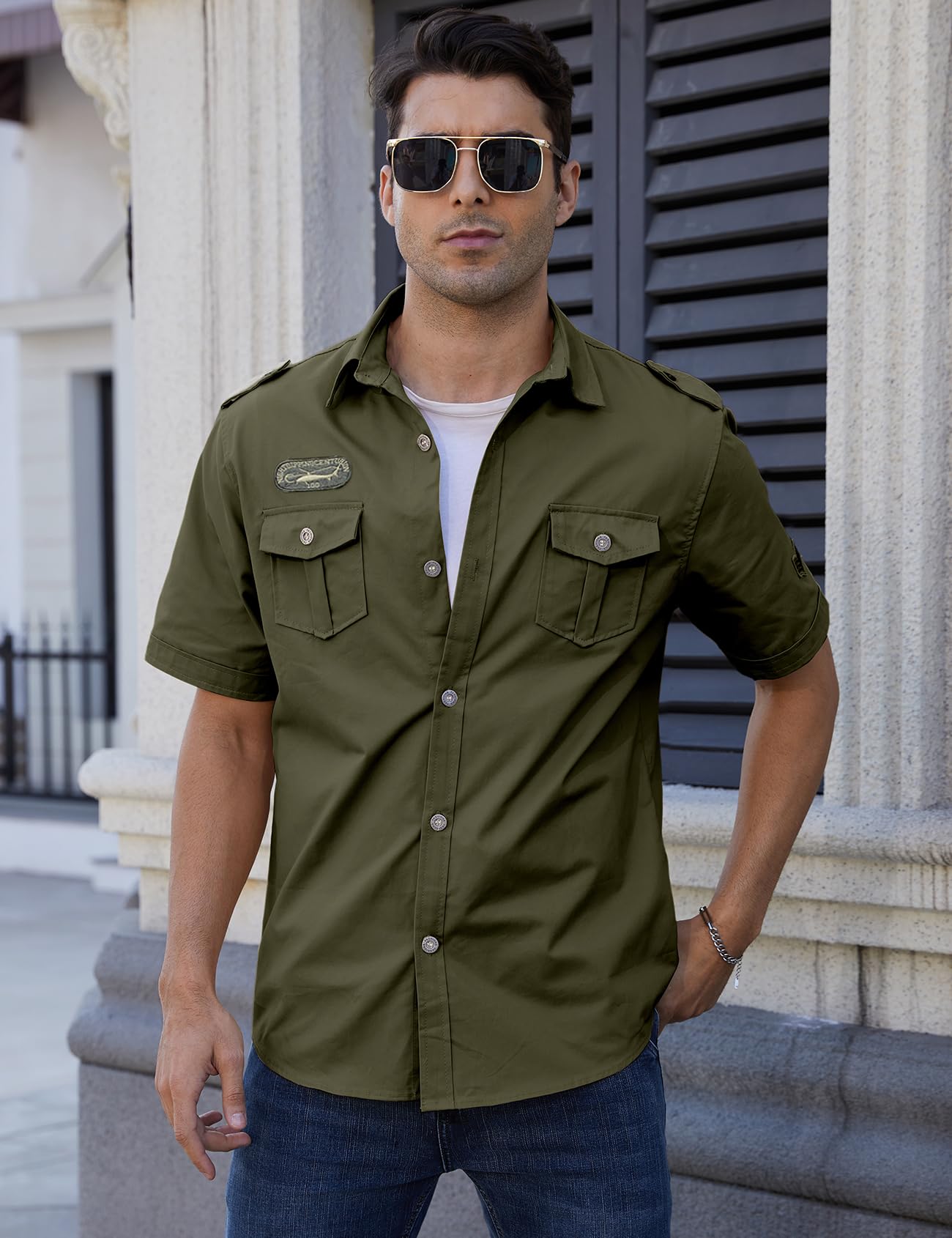 Gihuo Men's Military Tactical Shirt Short Sleeve Cargo Work Outdoor Hiking Camping Hunting Fishing