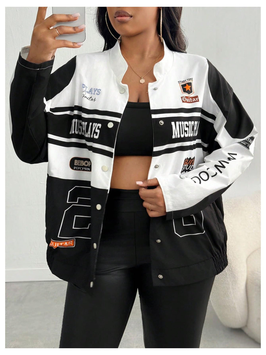 SweatyRocks Women's Plus Size Oversized Varsity Jackets Graphic Print Y2k Racing Bomber Jacket