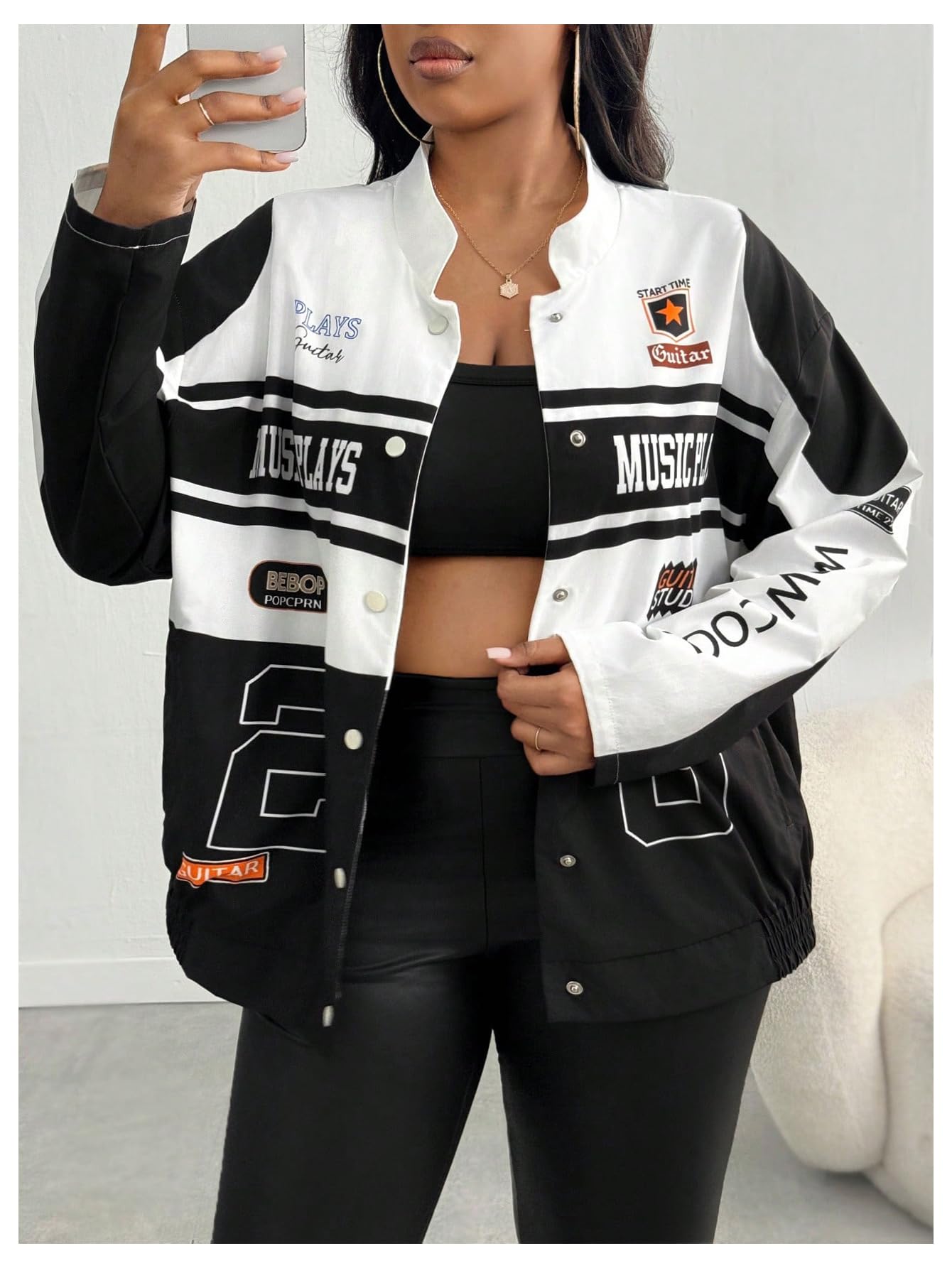 SweatyRocks Women's Plus Size Oversized Varsity Jackets Graphic Print Y2k Racing Bomber Jacket