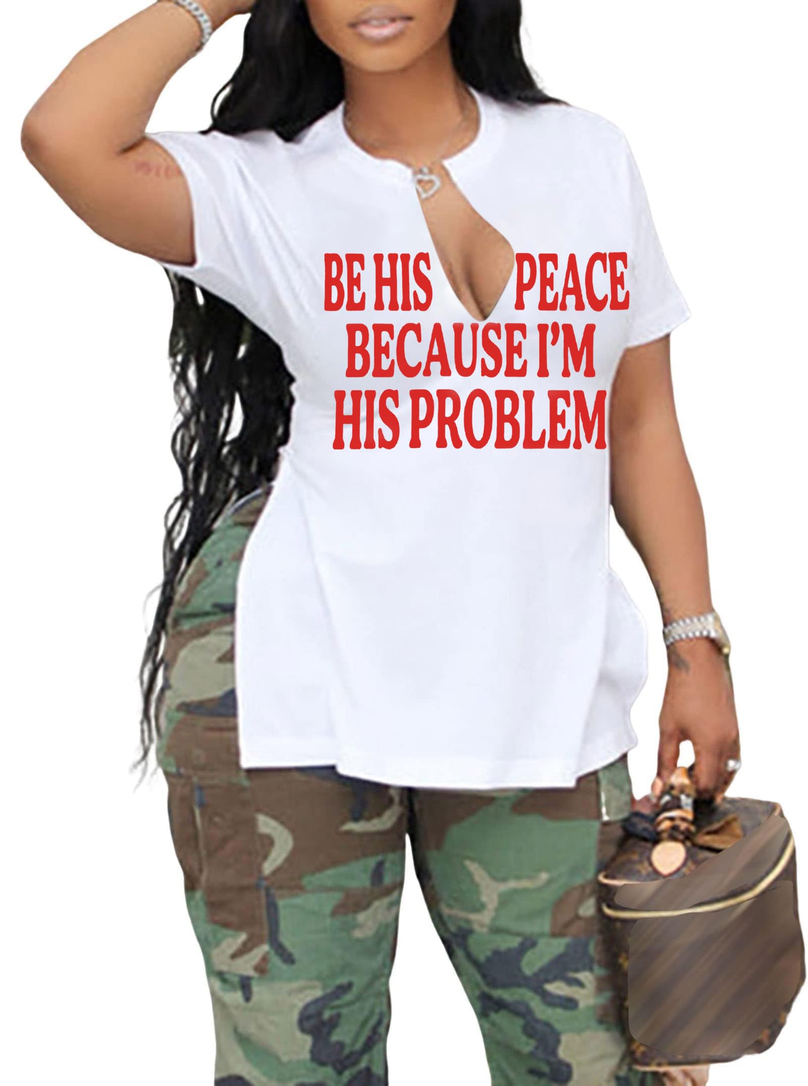 LovelyWholesale Womens Graphic Tees Sexy V Neck T Shirts Short Sleeve Side Slit Summer Tops