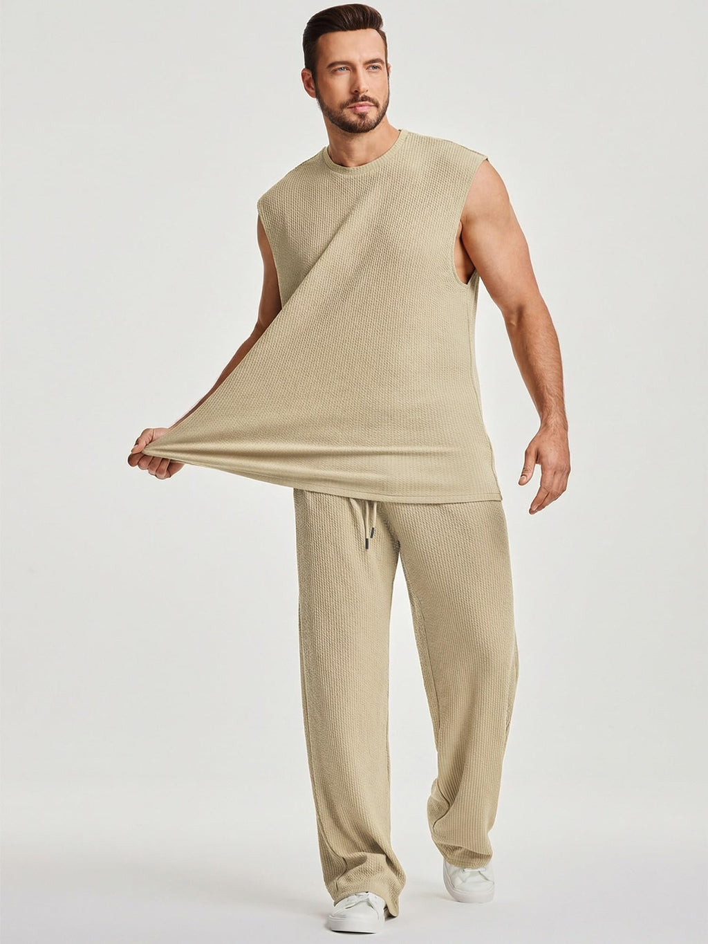JMIERR Men Fashion 2 Piece Set Casual Muscle Tank Baggy Pants Stretch Textured Beach Street HipHop Sleeveless Shirts