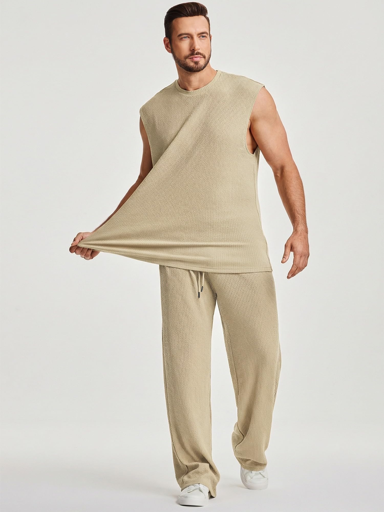 JMIERR Men Fashion 2 Piece Set Casual Muscle Tank Baggy Pants Stretch Textured Beach Street HipHop Sleeveless Shirts
