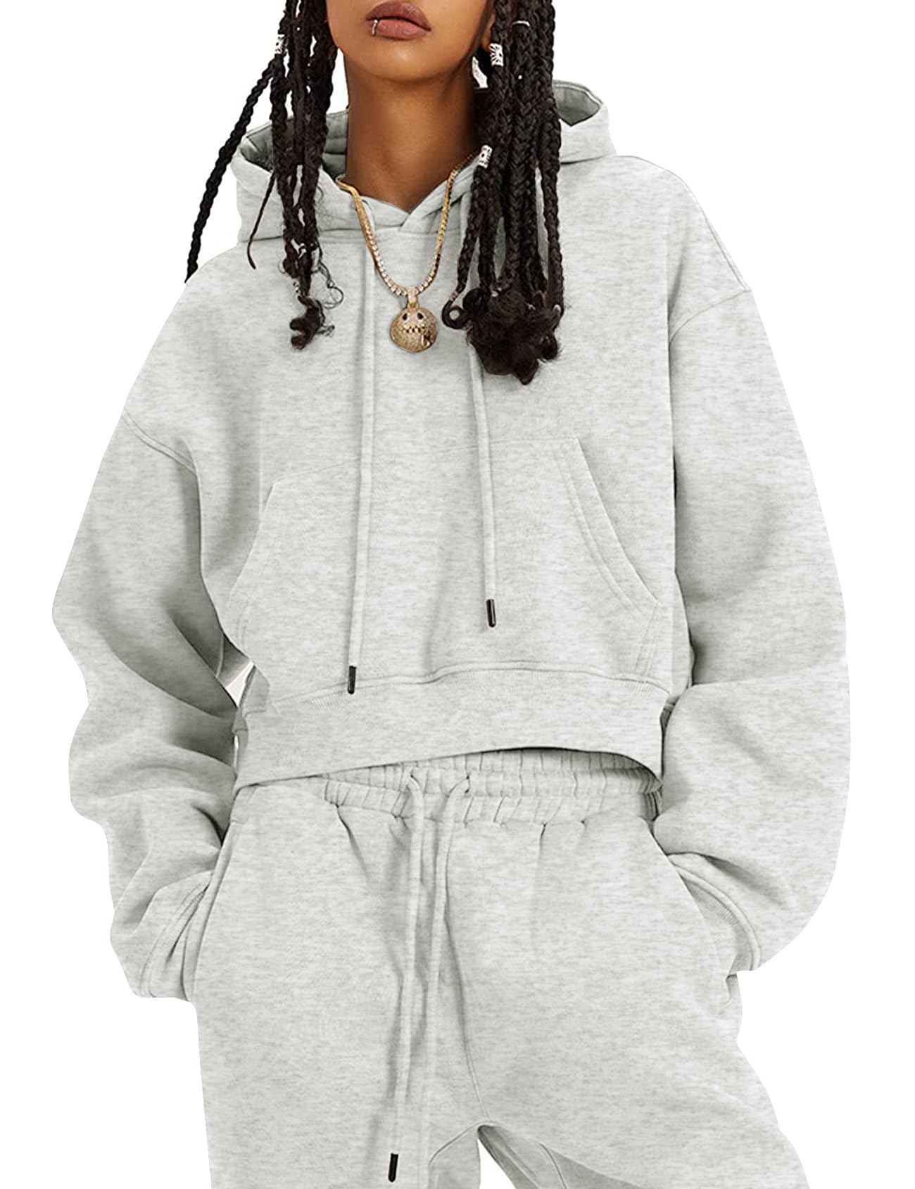 Flygo Womens Fleece 2 Piece Outfits Sweatsuit Crop Pullover Sweatshirt Joggers Pants Tracksuit Set