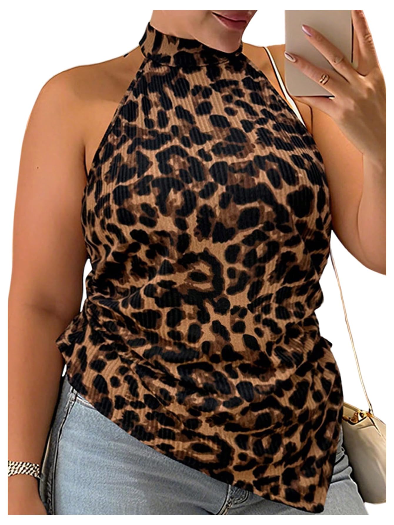 SweatyRocks Women's Plus Size Leopard Mock Neck Halter Tops Ruched Asymmetrical Y2k Tank Top