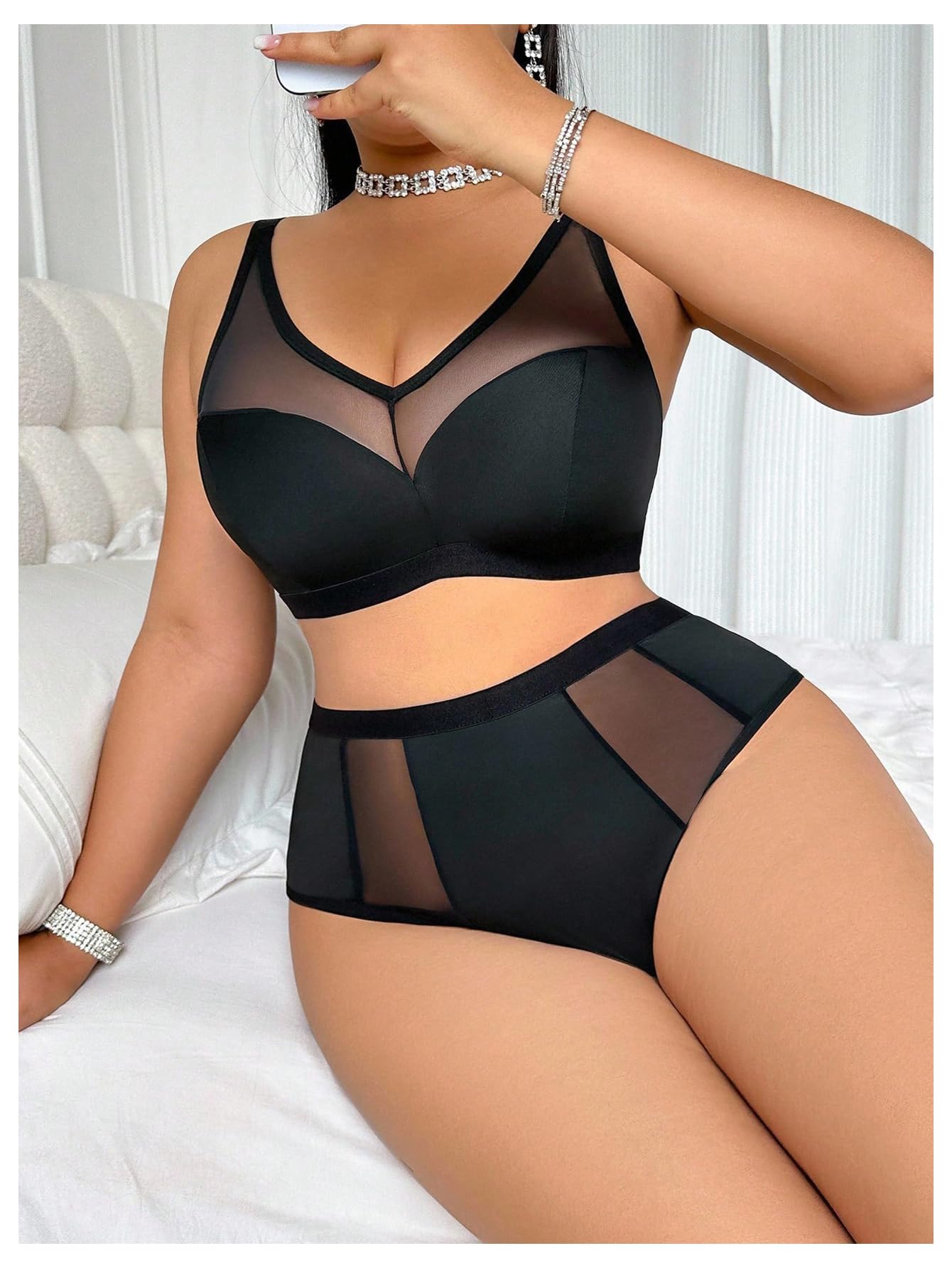 OYOANGLE Women Plus Size 2 Piece Lingerie Sexy Mesh Bralette and High Waist Panty Set Underwear