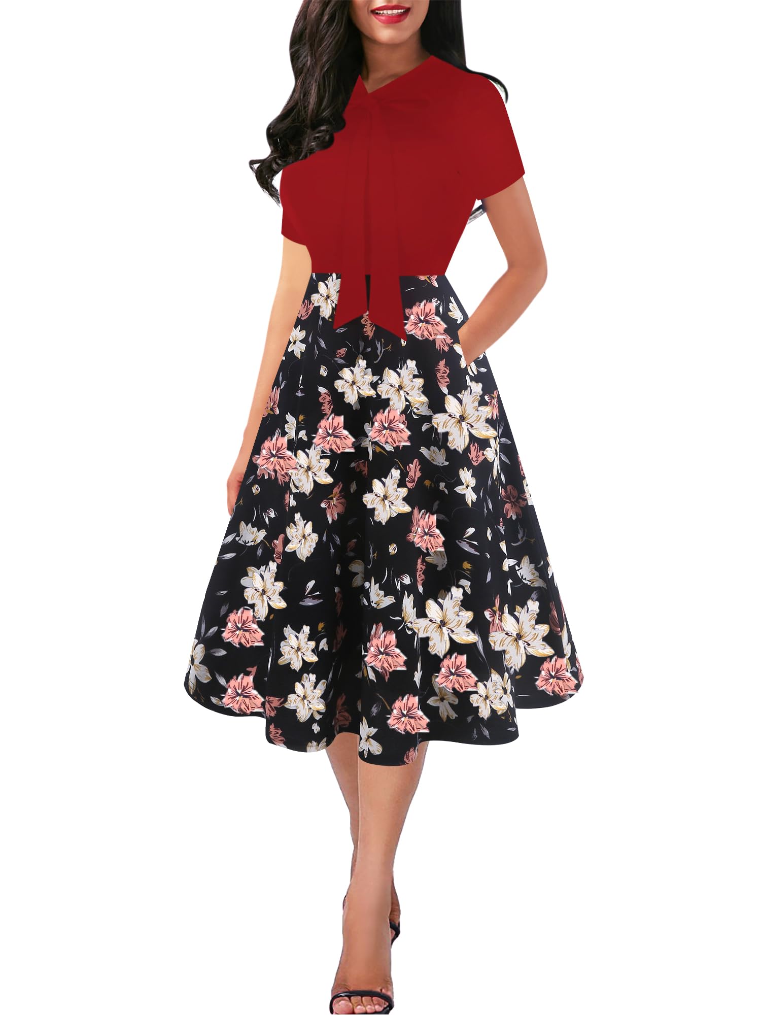 oxiuly Women's Vintage Bow Tie V-Neck Pockets Casual Work Party Cocktail Swing A-line Dresses OX278