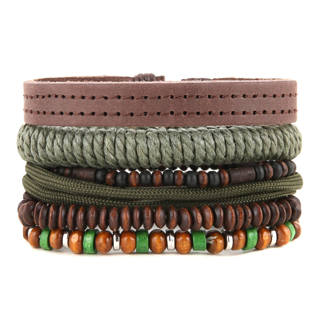HZMAN Wrap Bracelets Men Women, Hemp Cords Wood Beads Ethnic Tribal Bracelets, Leather Wristbands