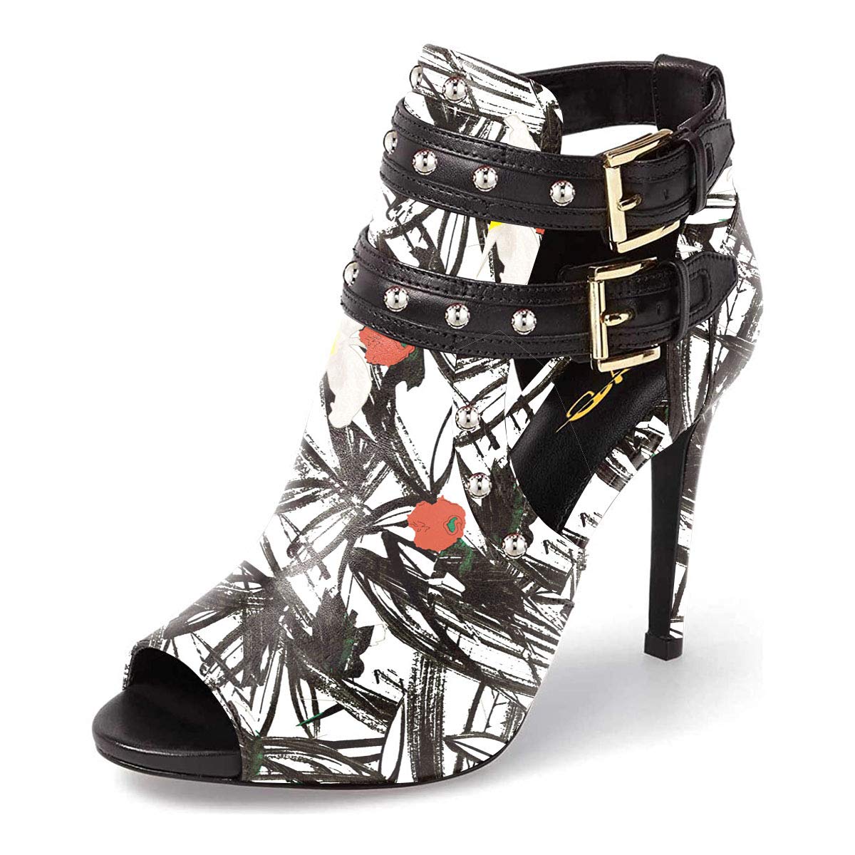 XYD Women Chic Studs Peep Toe Ankle Bootie High Heel Pumps Buckled Double Straps Cutout Fashion Party Shoes