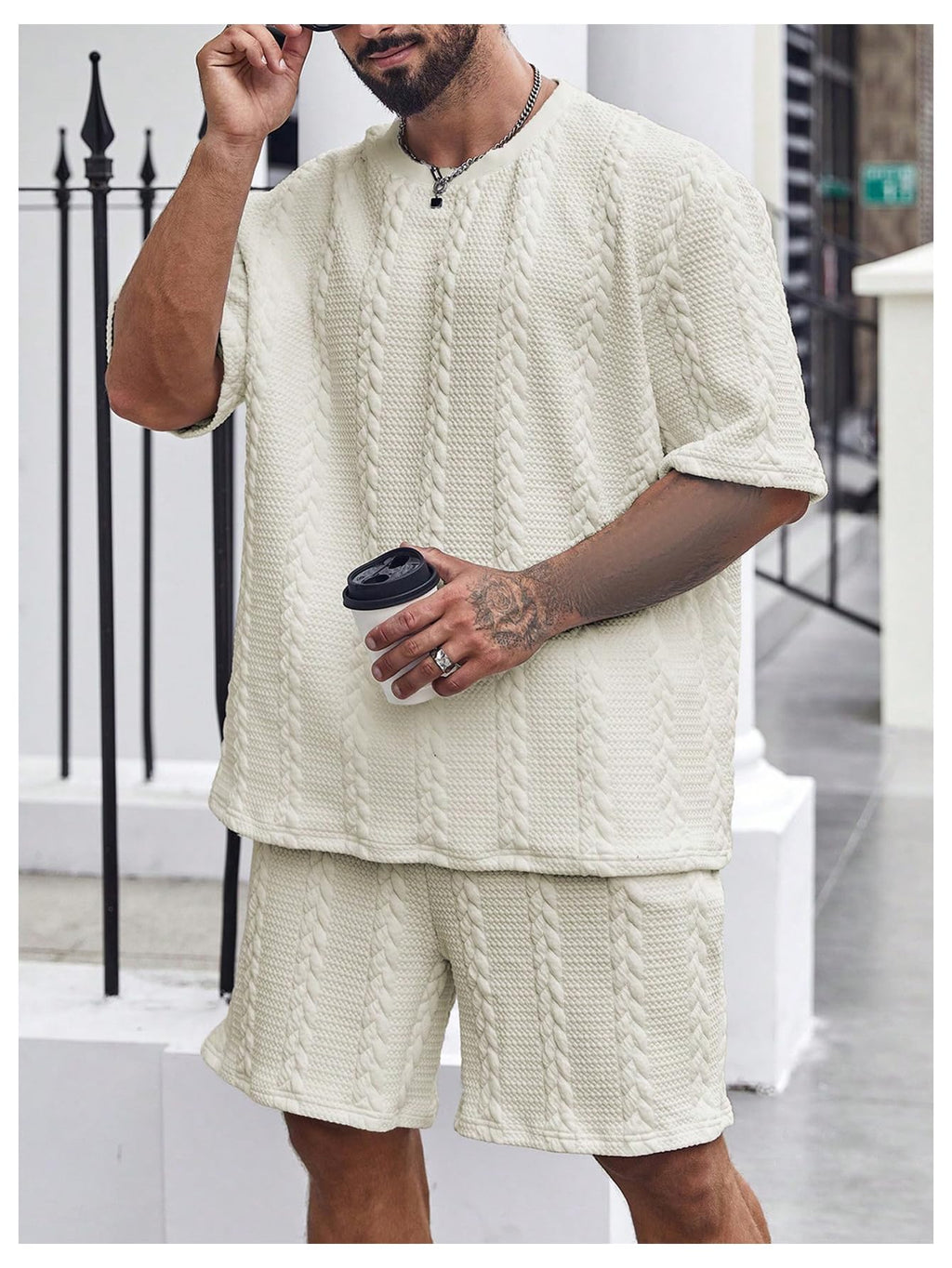 GORGLITTER Men's Big and Tall Vacation Beach Outfits Cable Knit Short Sleeve T Shirt Shorts Set