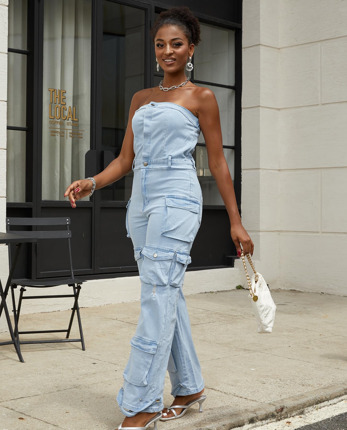 Voghtic Women's Strapless Denim Cargo Jumpsuit High Waisted Multiple Pocket Casual Outfit
