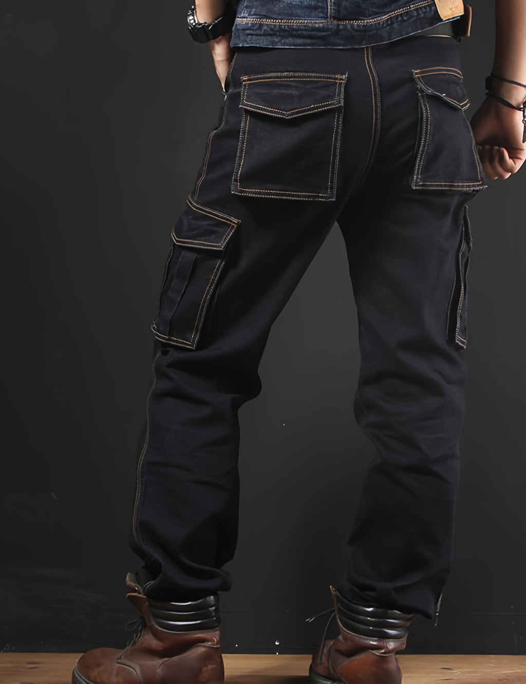 Yeokou Men's Casual Loose Hip Hop Denim Work Pants Jeans with Cargo Pockets