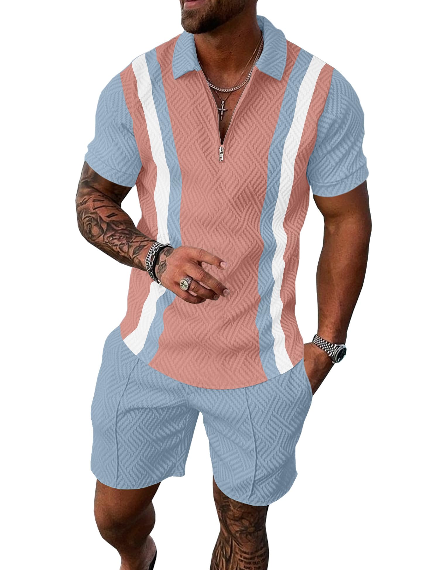 UOUA Mens Summer Track Suits 2 Piece Shorts Sets Short Sleeve Sweatsuit Outfits 1/4 Zip Golf Polo Splicing Striped Shirts