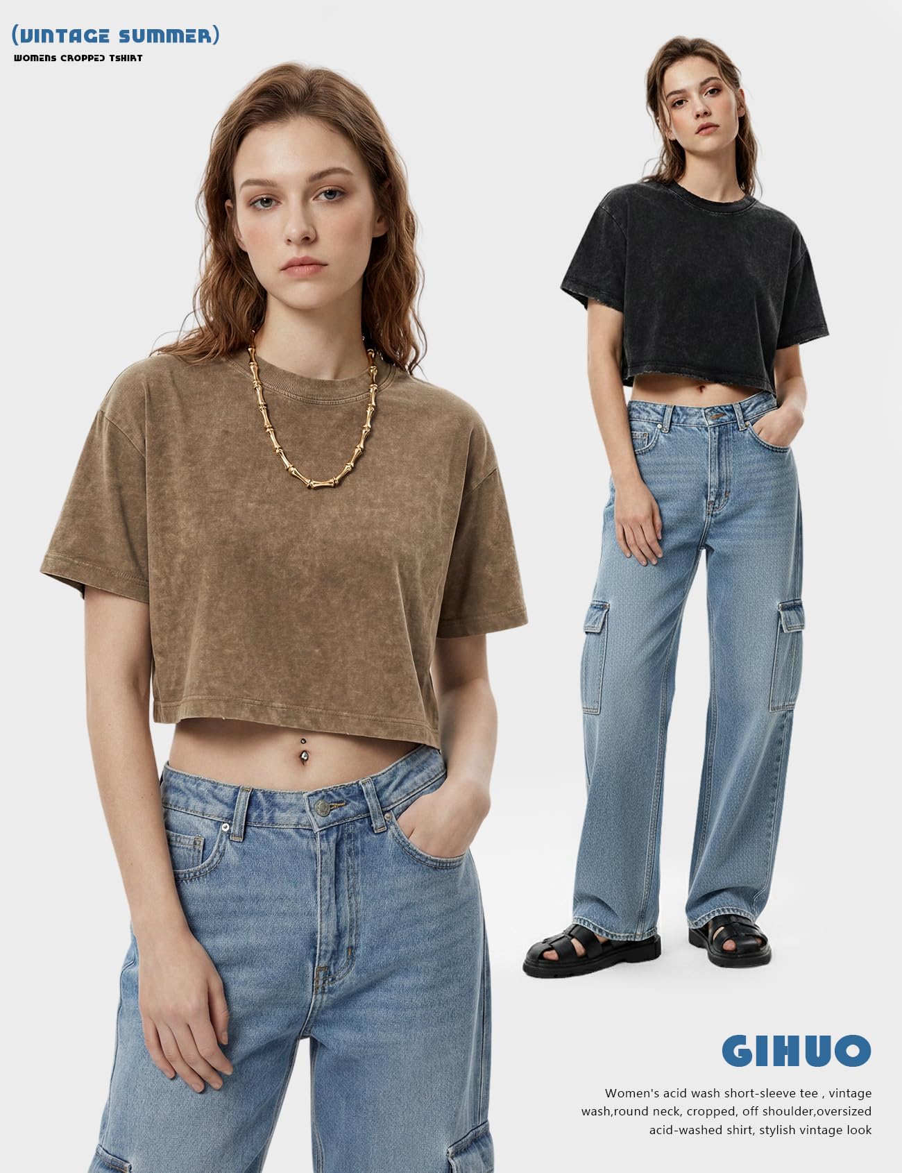 Gihuo Cropped T Shirts for Women Vintage Tees Acid Wash Crop T-Shirts Oversized Cotton Tshirt