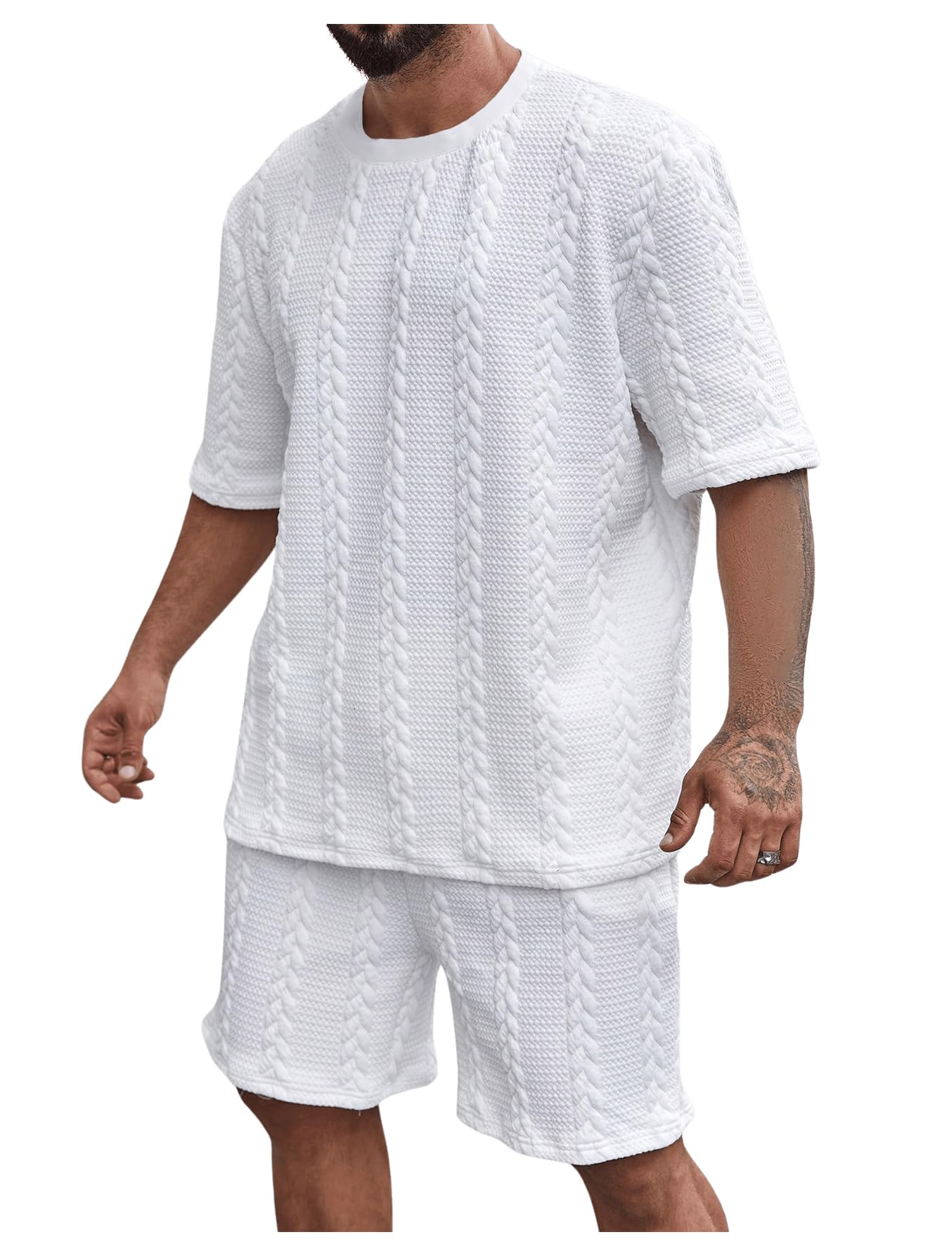 GORGLITTER Men's Big and Tall Vacation Beach Outfits Cable Knit Short Sleeve T Shirt Shorts Set