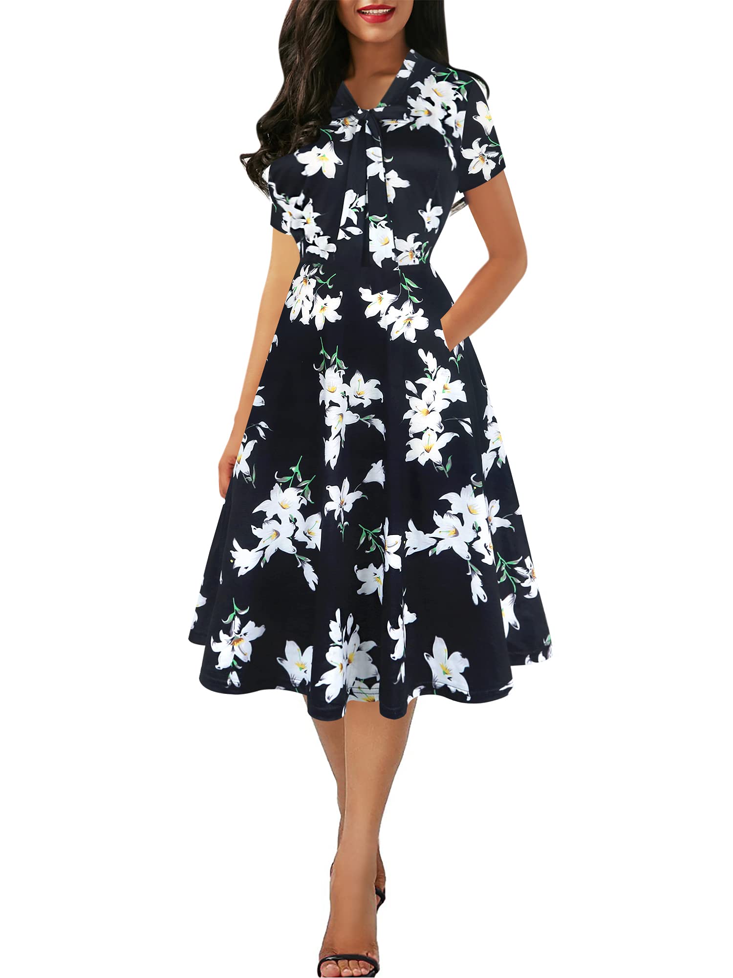 oxiuly Women's Vintage Bow Tie V-Neck Pockets Casual Work Party Cocktail Swing A-line Dresses OX278