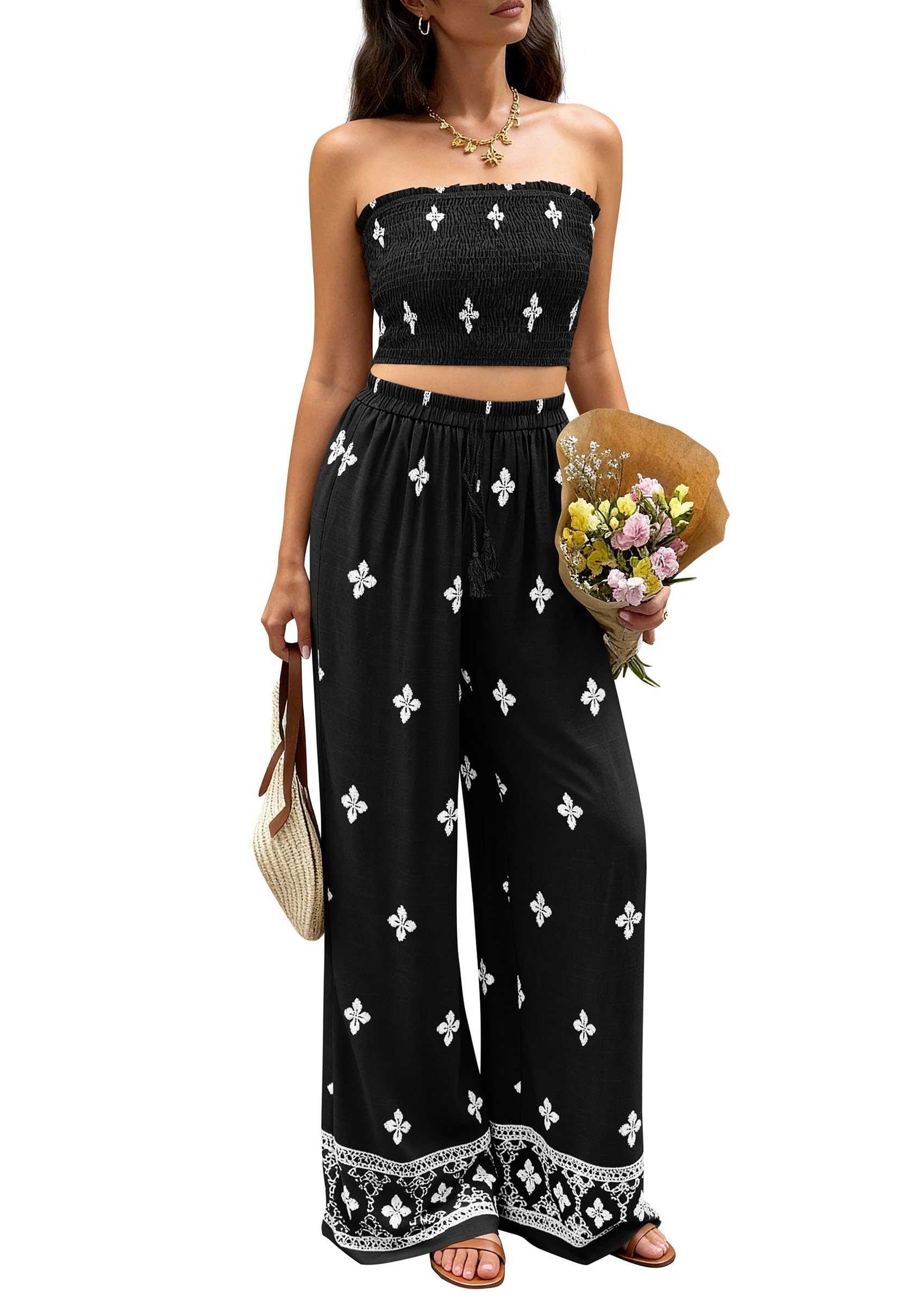 PRETTYGARDEN 2 Piece Sets for Women Summer 2026 Fashion Clothing Boho Tube Tops Wide Leg Pants Cruise Beach Vacation Outfits