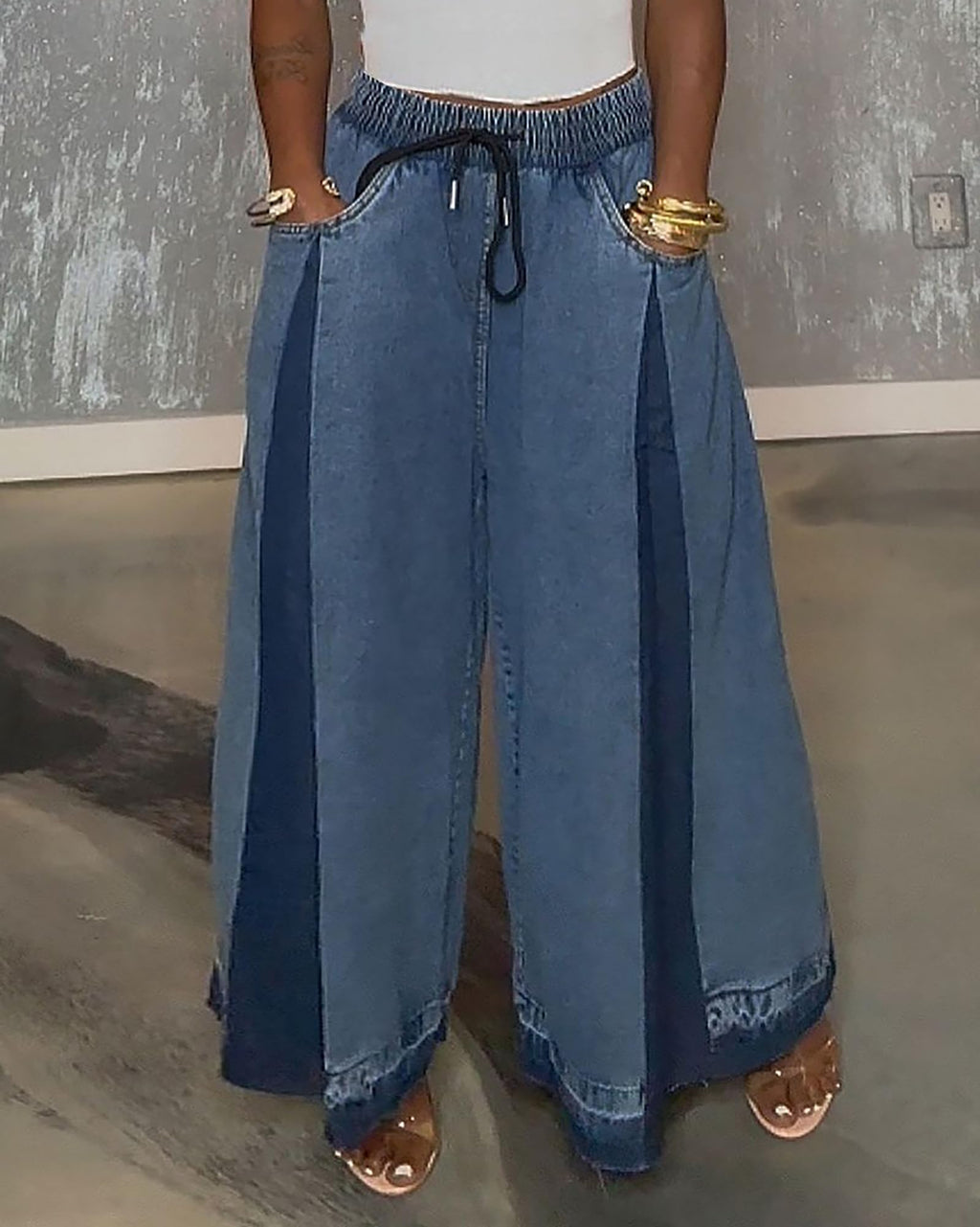 Women's Vintage Drawstring Wide Leg Jeans Elastic Waist Patchwork Loose Raw Hem Denim Pants