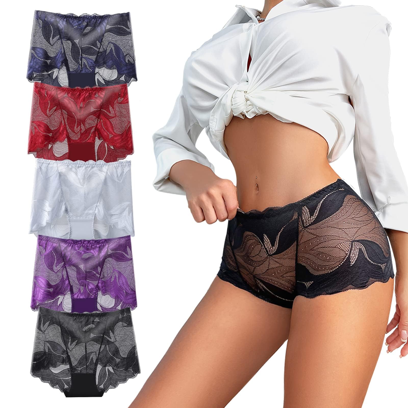 PHOLEEY Womens Sexy Underwear Lace Panties High Waisted Plus Size Ladies Brief for Women 5-Pack