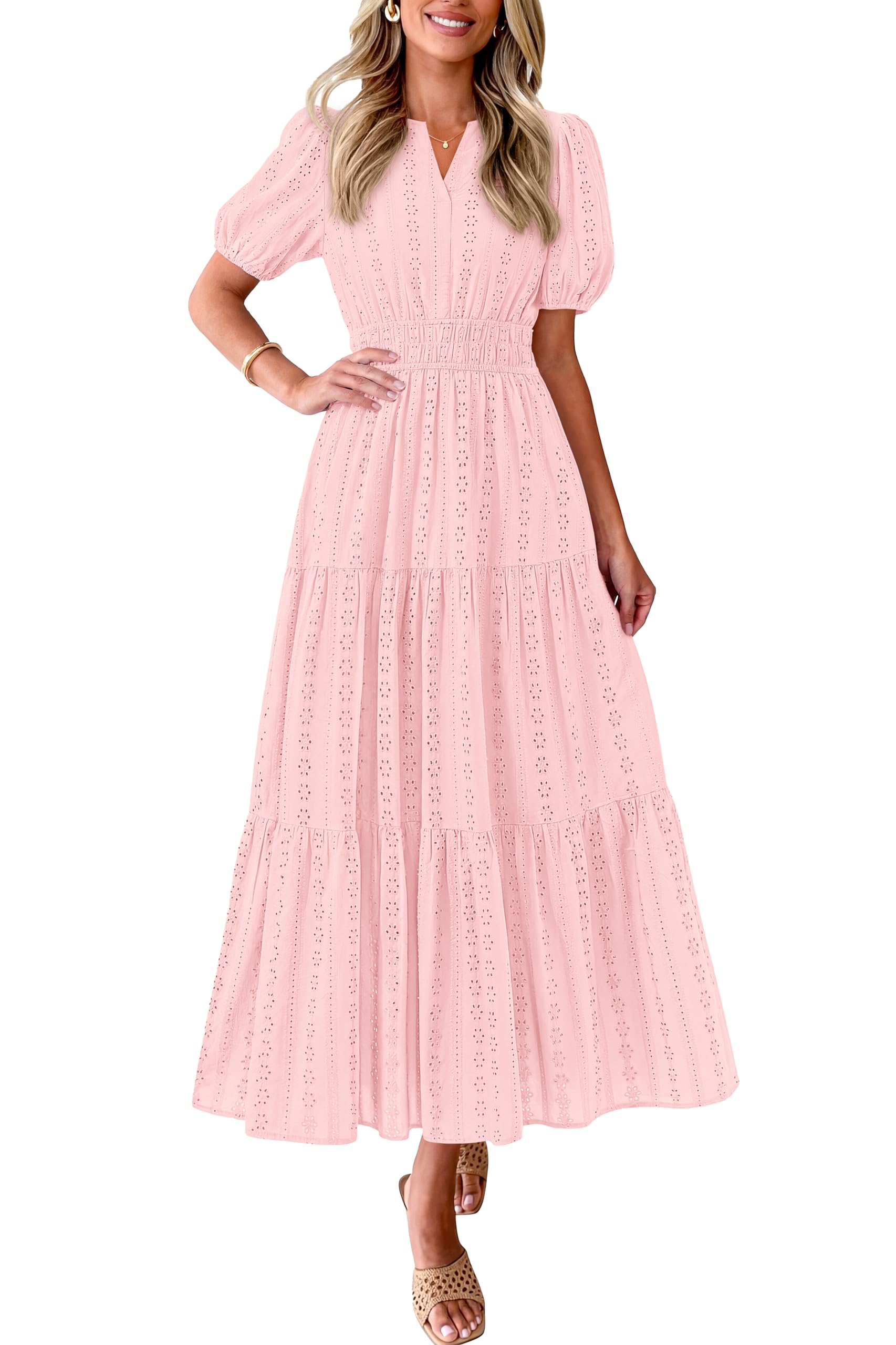 PRETTYGARDEN Womens Summer Maxi Dresses 2026 Casual Puff Sleeve V Neck Smocked Flowy Eyelet Cotton Dress Spring Sundress