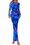 PRETTYGARDEN Women's Long Sleeve Bodycon Dresses 2026 Spring Sexy Floral Mesh Slit Ruched Tight Maxi Wedding Guest Dress
