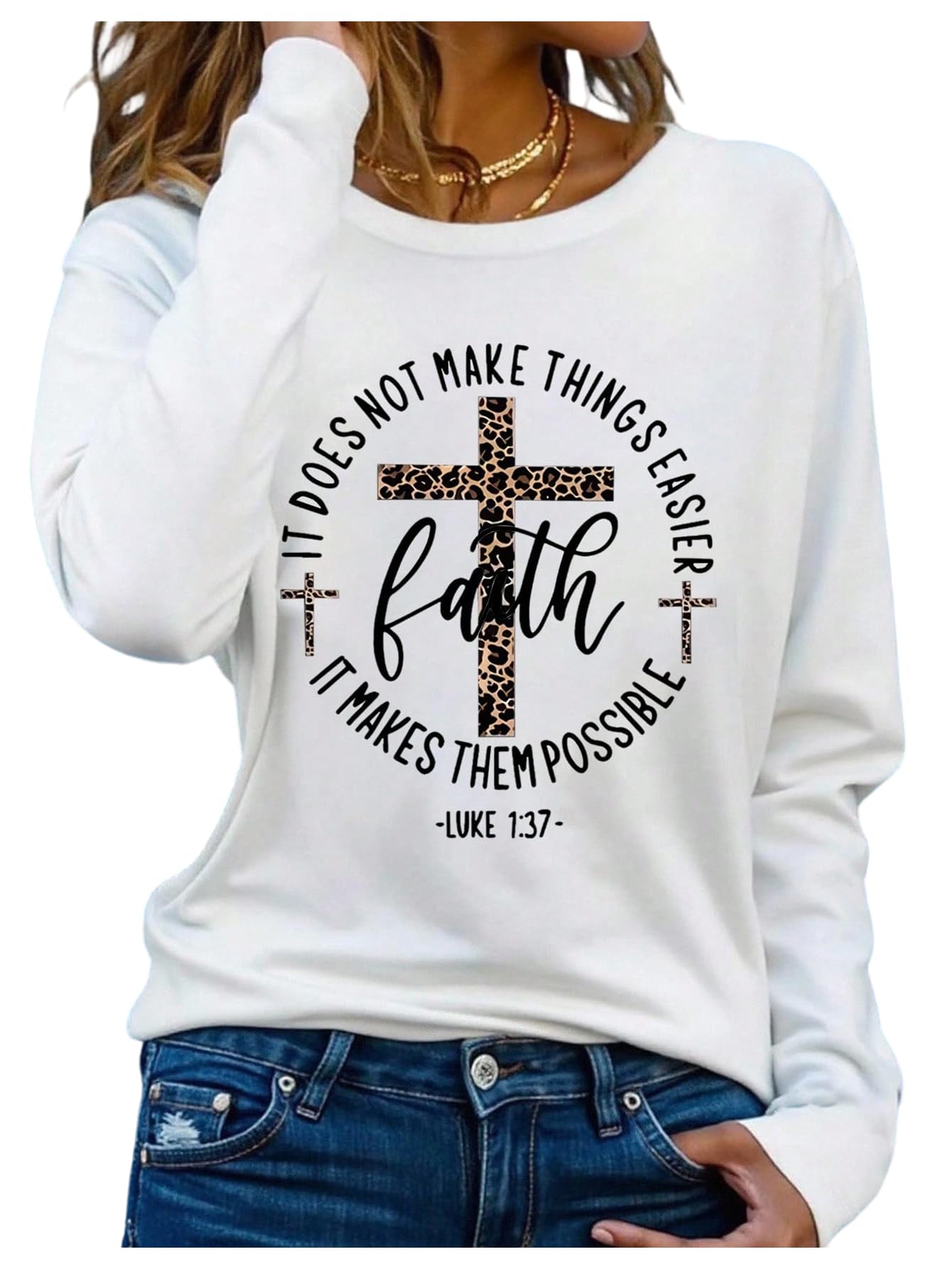 SweatyRocks Women's Plus Size Graphic Long Sleeve T Shirts Casual Crew Neck Faith Printed Tees
