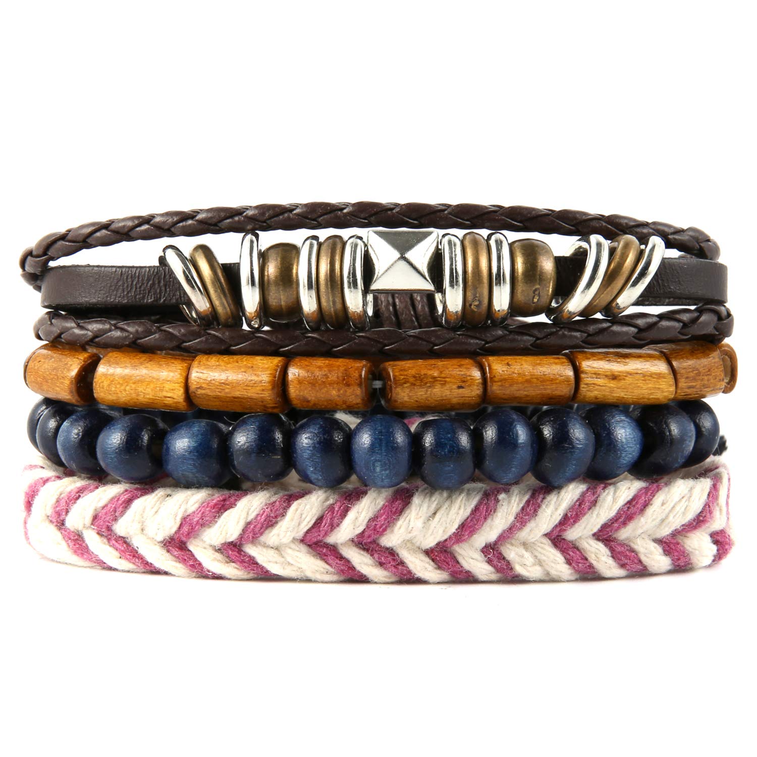HZMAN Wrap Bracelets Men Women, Hemp Cords Wood Beads Ethnic Tribal Bracelets, Leather Wristbands