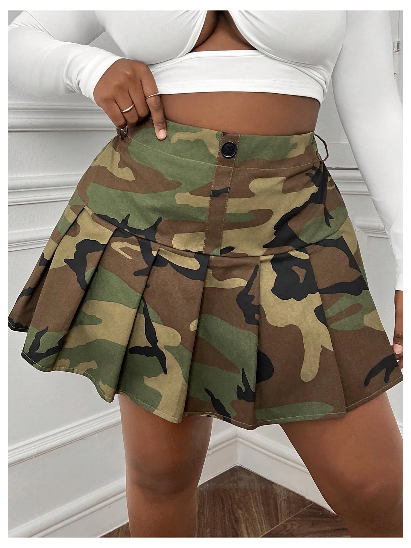 SOLY HUX Women's Plus Size Skirt Camo Print High Waisted Pleated A Line Fall Fashion Short Skirts