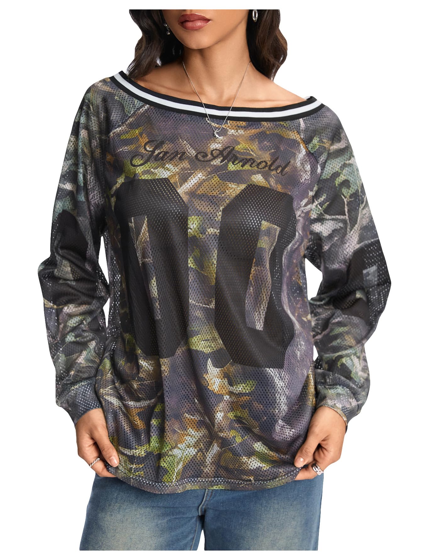 BEAUDRM Women's Y2k Mesh Jersey Shirts Sheer Graphic Tees Oversized Off The Shoulder Long Sleeve Tops Streetwear