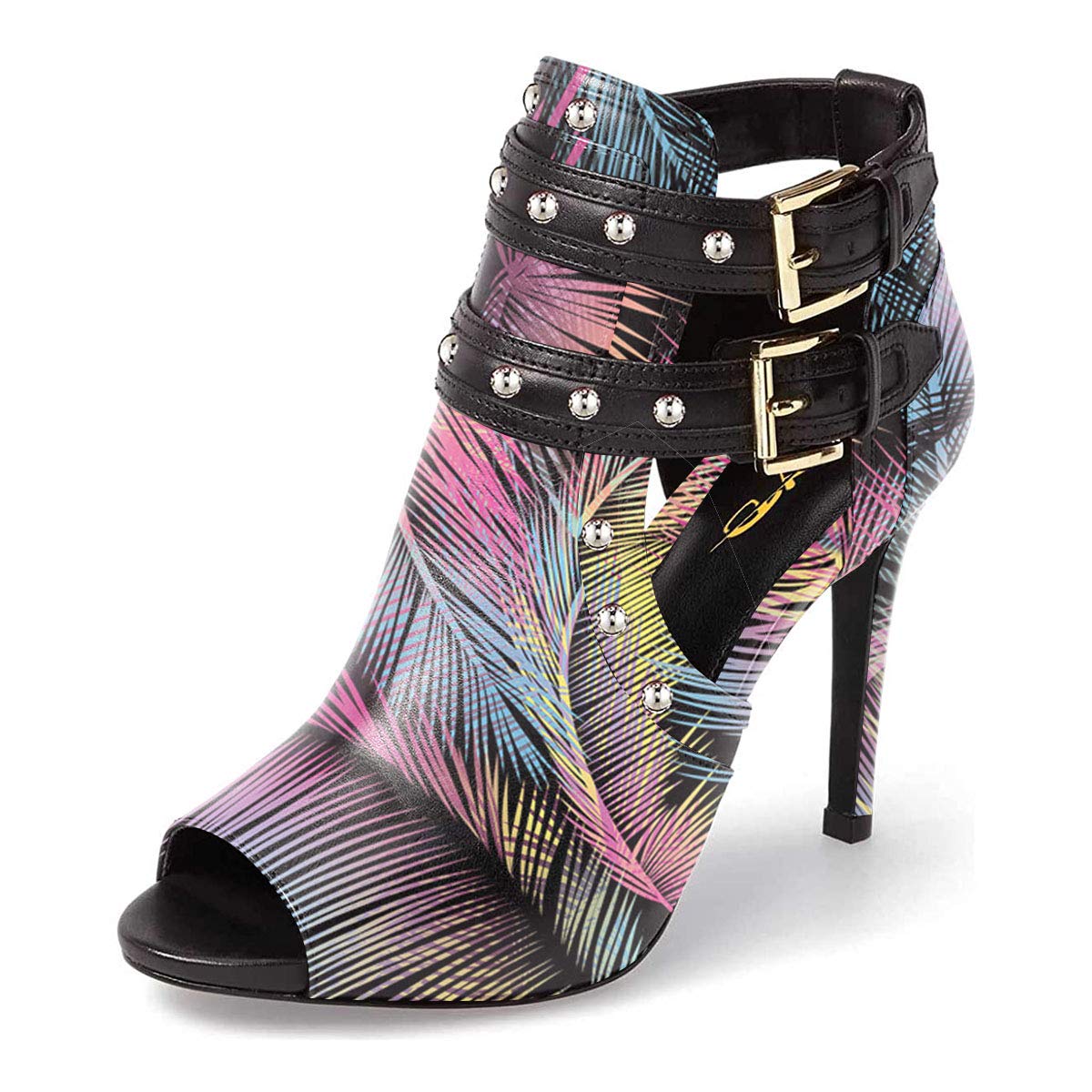 XYD Women Chic Studs Peep Toe Ankle Bootie High Heel Pumps Buckled Double Straps Cutout Fashion Party Shoes