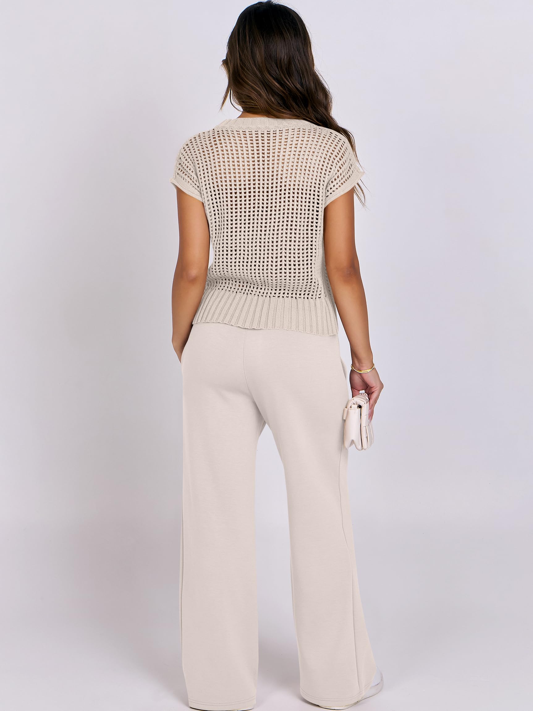 ANRABESS Women Two Piece Outfits Crochet Sheer Knit Sweater Top Wide Leg Pants Lounge Matching Sets Sweatsuit Travel Clothes