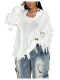 RoseSeek Women's Plus Size Ripped Distressed Sweaters V Neck Long Sleeve Gothic Fringe Sweater Y2K Jumper Fall Outfits